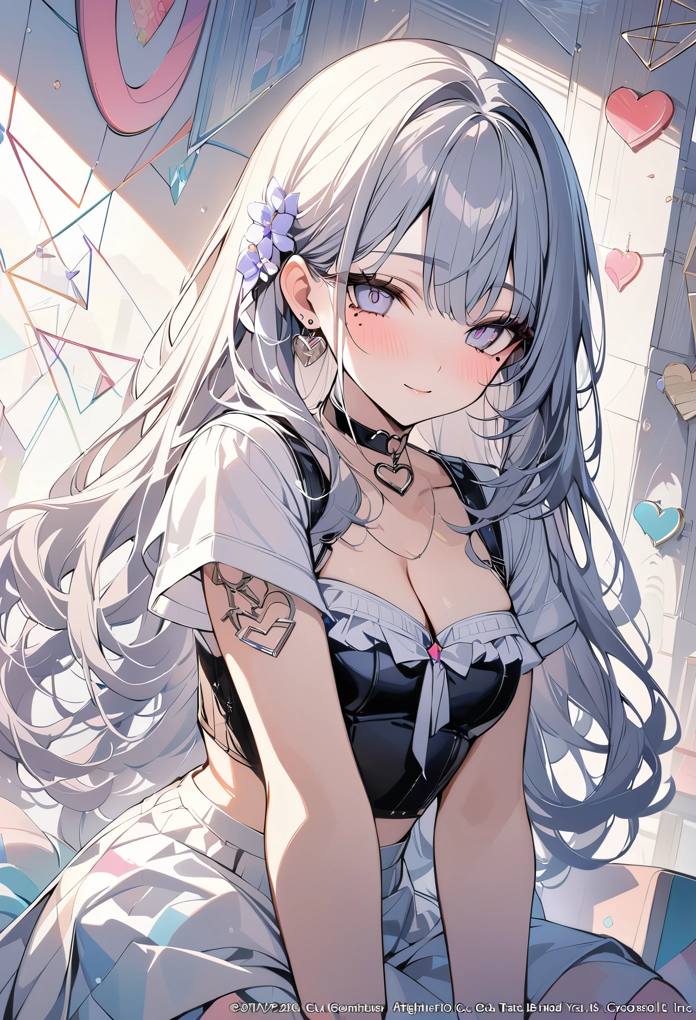 ,beautiful flower々）,mole under eye, heart shaped choker, (masterpiece, highest quality), official art, beautiful and aesthetic: 1.2), (1 girl), very detailed, (geometry art: 1.3), colorful