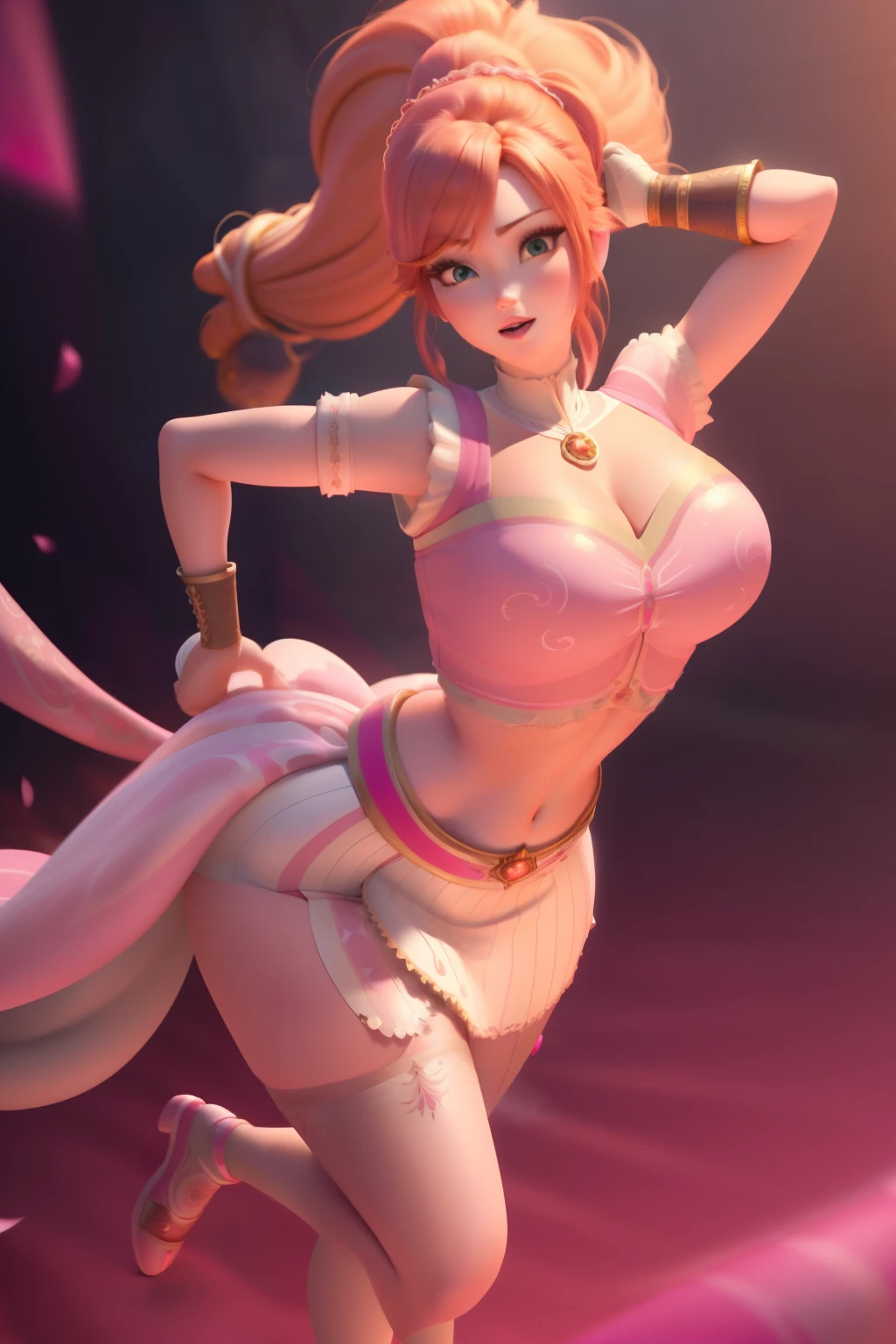 pnkdamond, pink hair, pink eyes,  big hair,  stomach gem,  pink skin,  toned, 
puffy short sleeves, elbow gloves ,  white thighhighs,   puffy dress, 
standing, upper body, 
 outerspace,  
(insanely detailed, beautiful detailed face,beautiful detailed eyes, masterpiece, best quality) cinematic lighting,  smile, 
 