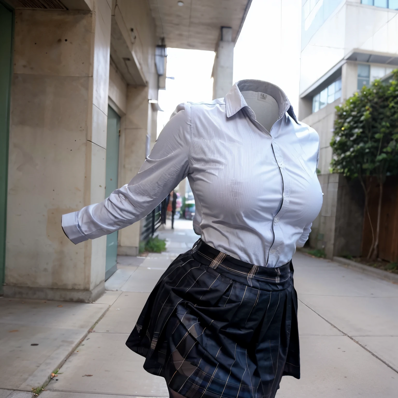 shapely, school blouse, plaid skirt, stripe tie, chubby, fat, raise their sleeves, stripe tie, (invisible, no humans, headless, faceless:1.5), cute big breasts