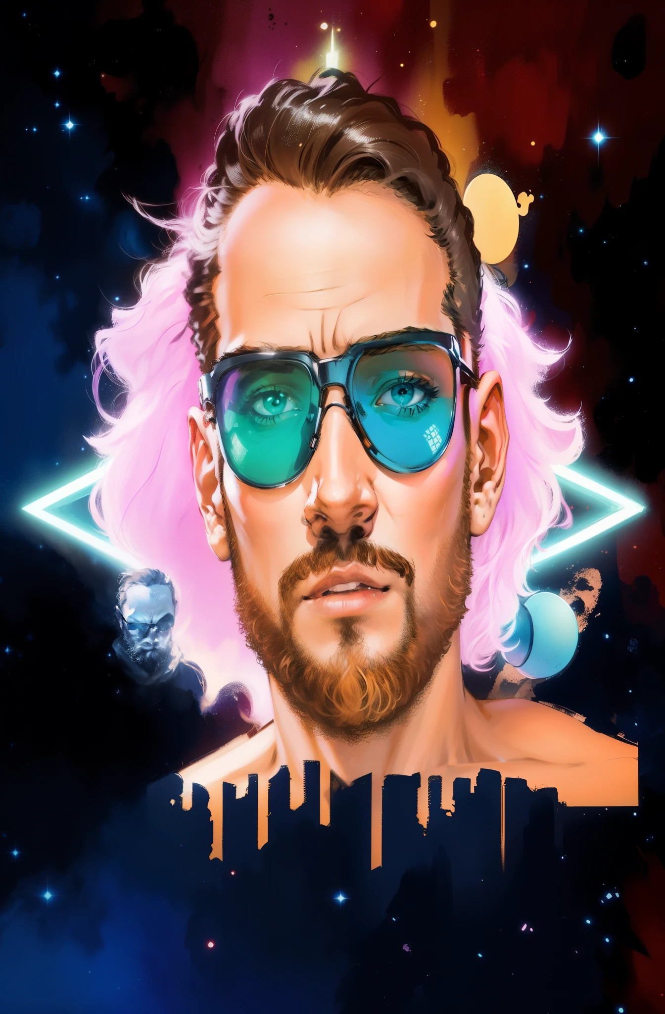 painting of a man with sunglasses and a beard with a space background, nft portrait, avatar image, discord profile picture, 🚀🚀🚀, digital art. @mariomaniacdude, nft art, nft style, profile image, high quality portrait, 🚀🌈🤩, avatar for website, profile pic, digital art picture, 2d portrait