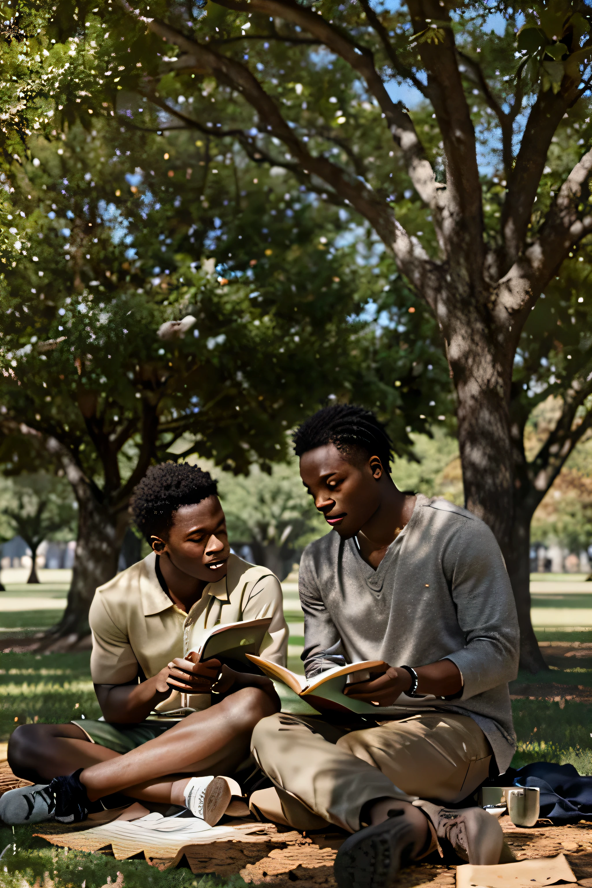 scene of African American men studying under a tree, wind blowing leaves bathed in the gentle light of the rising sun."
