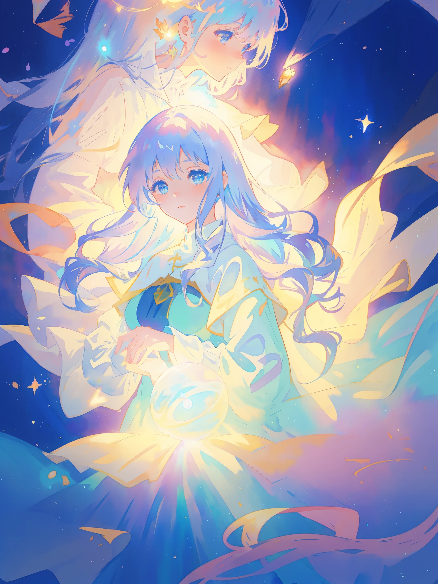 watercolor illustration, beautiful young girl in a long flowing sleeve dress, simple medieval style dress, long flowing hair, beautiful girl holding a glowing ball of light, sparkling blue eyes, colorful fantasia background, watercolor illustration, disney art style, glowing aura around her, glowing lights, beautiful digital illustration, beautiful, masterpiece, best quality, anime disney style