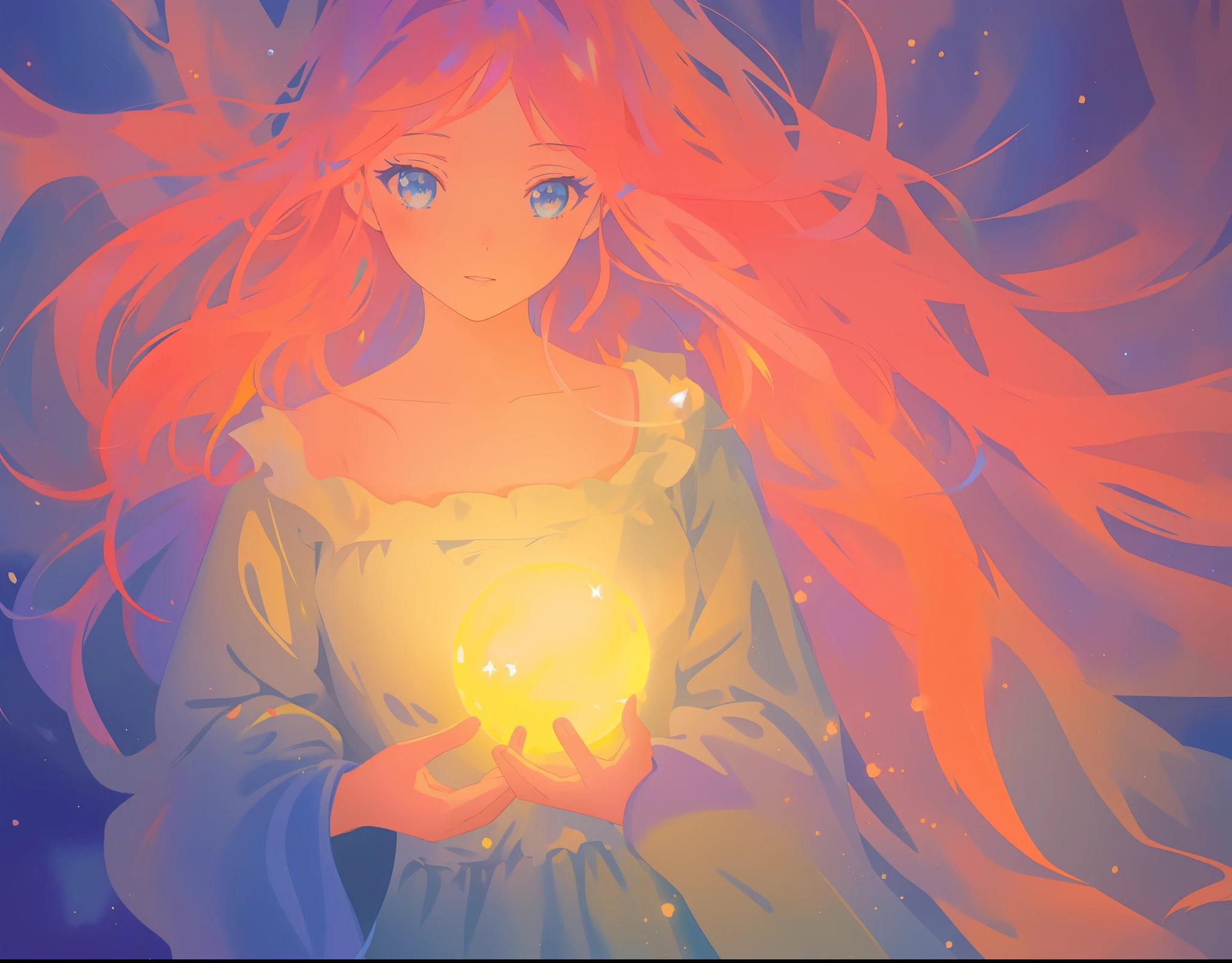 watercolor illustration, beautiful young girl in a long flowing sleeve dress, simple medieval style dress, long flowing hair, beautiful girl holding a glowing ball of light, sparkling blue eyes, colorful fantasia background, watercolor illustration, disney art style, glowing aura around her, glowing lights, beautiful digital illustration, beautiful, masterpiece, best quality, anime disney style