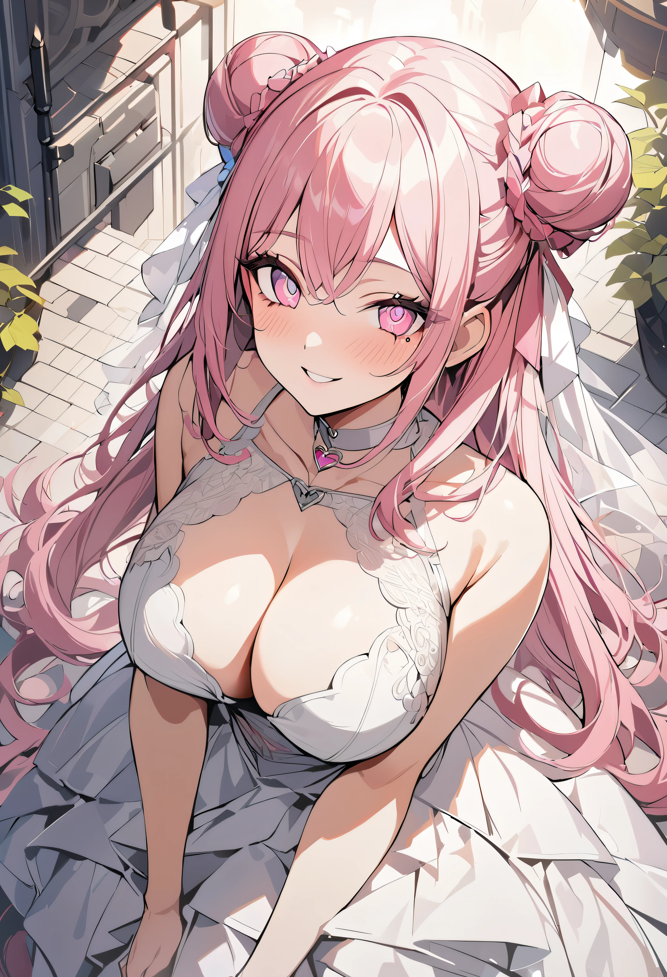 1 girl, pink long bun hair, heart shaped eyes, ♡, big breasts, Wedding dress, {girl with pink long bun hair named Nami}, (Pink eye color), {downtown}, (smile), bright background , mole under eye, heart shaped choker, (masterpiece, highest quality), very detailed, highest quality, official art, beautiful and aesthetic: 1.2), (1 girl), very detailed, (geometry art: 1.3), colorful, most detailed ?d1 girl, pink long bun hair, Eye of the symbol, +__+, big breasts, gothic costume, {A girl with long pink bun hair named Nami}, (Pink eye color), {downtown}, (smile), bright background, (garden,beautiful flower々),mole under eye, heart shaped choker, (masterpiece, highest quality), official art, beautiful and aesthetic: 1.2), (1 girl), very detailed, (geometry art: 1.3), colorful