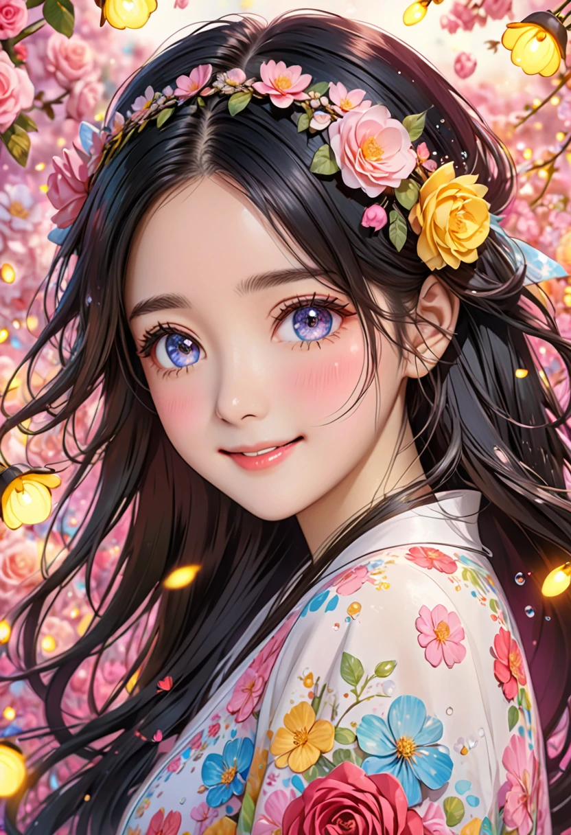 watery eyes, delicate detailed eyes, (card capture sakura:0.3), long hair, black hair mange style, long sleeve, flower headband, roses background, 4k, 8k, round eyes, round pupil, happy, colourful, fantasy magical, complex hair detail, happy, texture on clothings, fireflies, 1girl