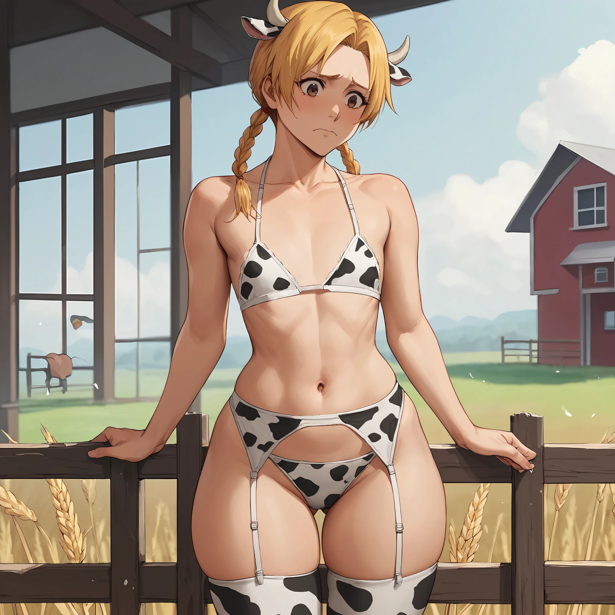 by laserflip, source_anime, score_9, score_8_up, score_7_up, score_6_up, uncensored, 5_fingers, agriculture mood and atmosphere, mature 1girl, brown eyes, pigtail hair, bleach blonde hair, shy embarrassed face, flat chest, large thighs, large hips, large ass, modest cow print lace bra and lace panties, garter belt, cow print stockings, cow horns, intricate and detailed view of rural farm outdoors, haystacks, wheat fields, wooden fences, farmhouse