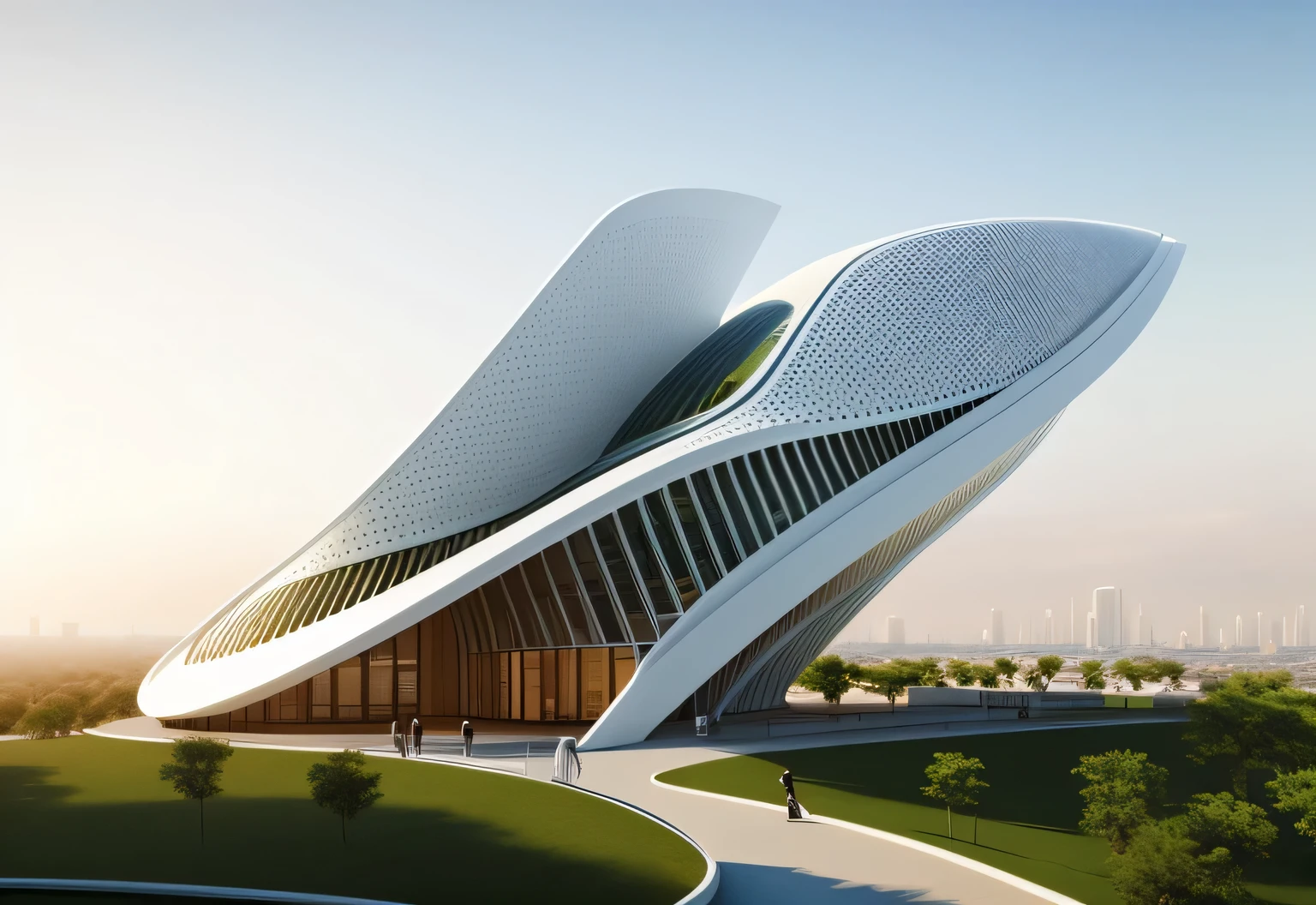 Hay un hombre parado frente a un edificio con una gran ventana, Parametric architecture, Zaha Hadid Octano altamente renderizado, Arquitectura futurista detallada, futuristic architectural art, inspirado por Zha Shibiao, Parametric design, Renderizado de arquitectura, Complejo de metamorfosis 3D render, Estructuras futuristas, Concepto de arquitectura futurista, Renderizado detallado, Alien architecture, Arquitectura futurista