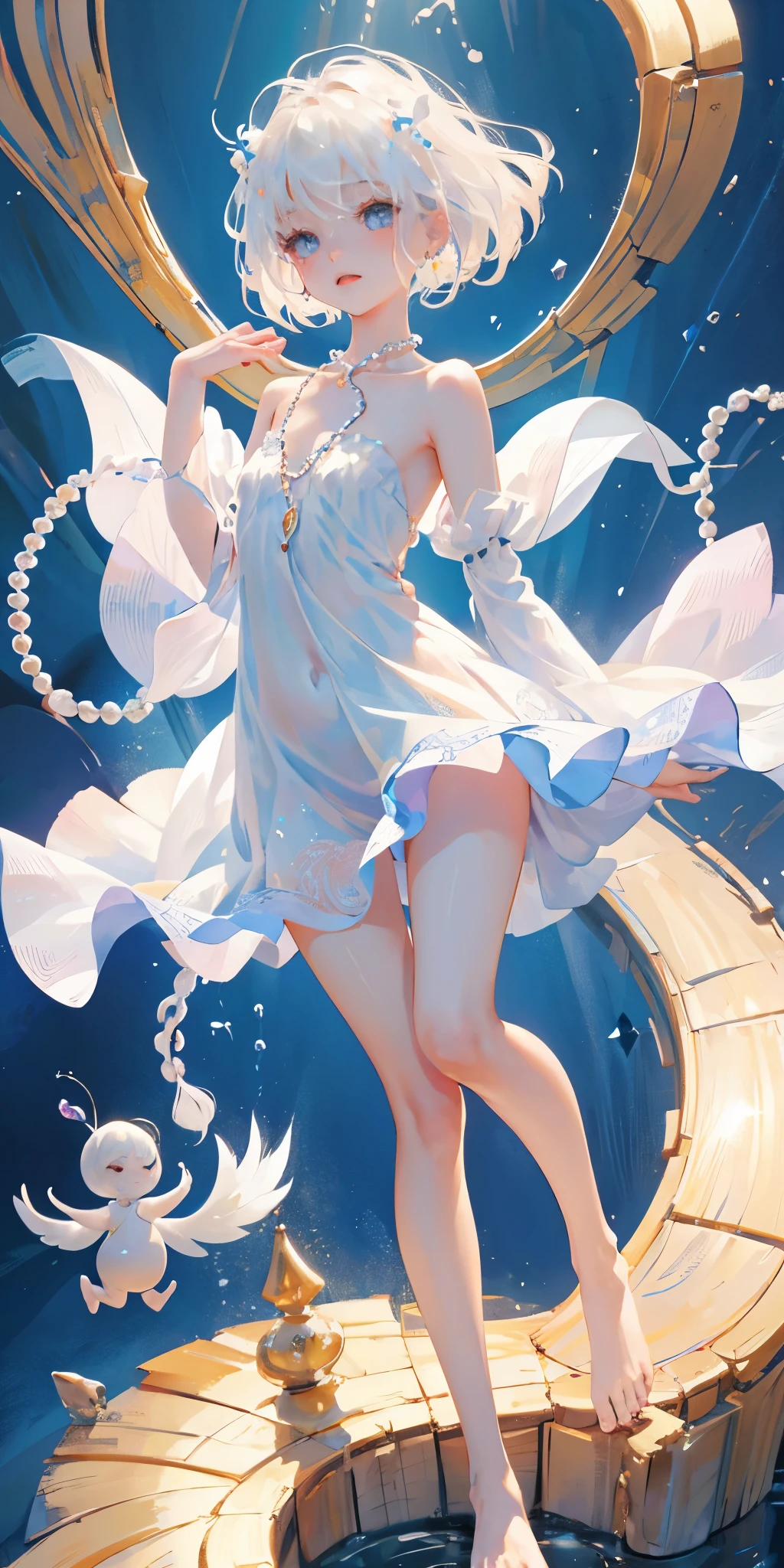 a girl、a 、Very cute、slim and beautiful、((small :1.2))、The eyes are well drawn、charming eyes、double tail、Wear jewelry and pearls around your neck,Transparent openwork、Deep V、crystal pearl、在Wear jewelry and pearls around your neck,white hair, Showing thighs, bare shoulders, showing clavicle, Yao Liu, barefoot,((whole body))、painful posture