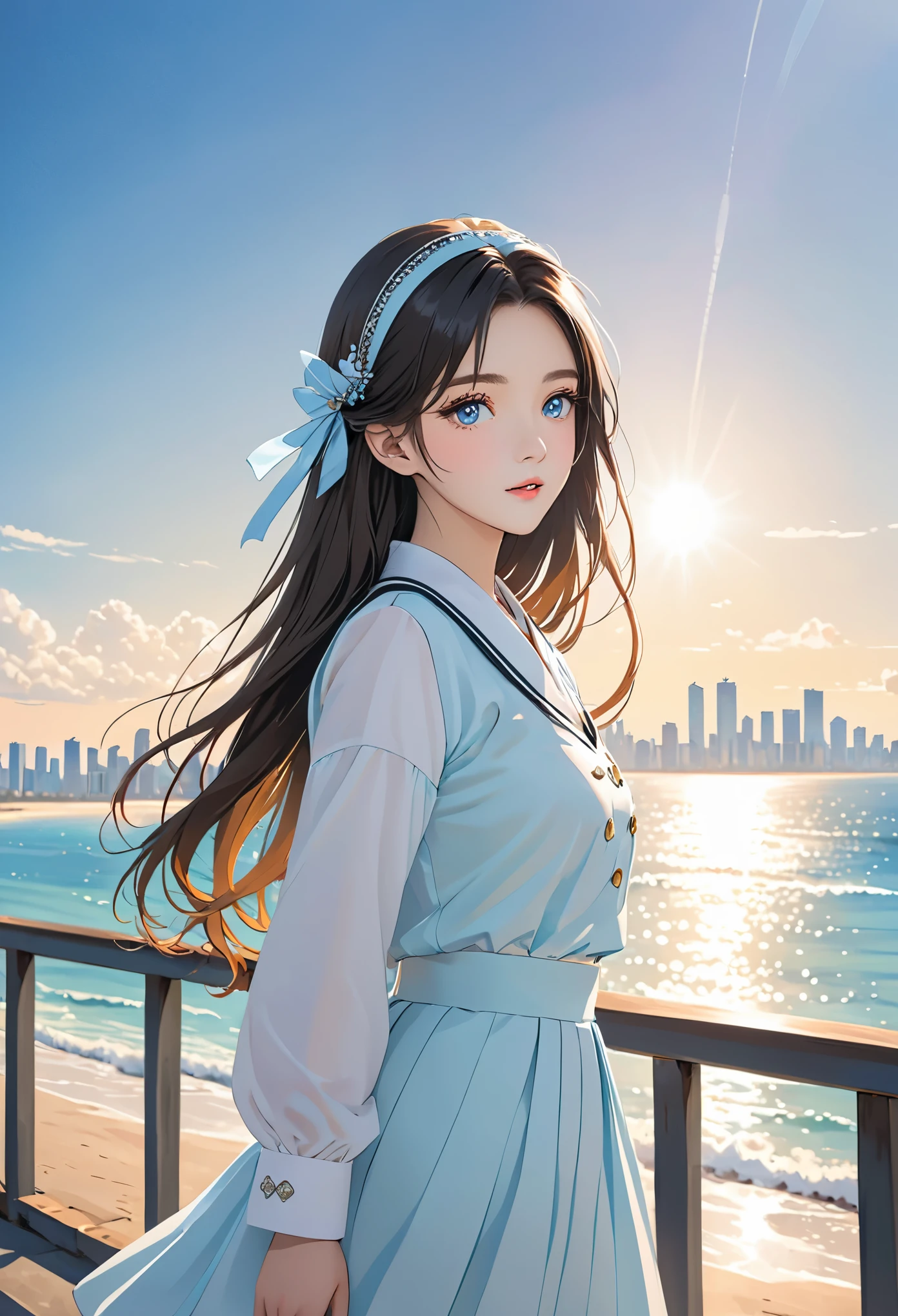 masterpiece,((clear lines)), Limited color palette,best quality, flat color, low contrast, ((1 girl)),(((An extremely delicate and beautiful girl))),(Beautiful and delicate face),(Beautiful and delicate eyes),{long hair},hair accessories,((Medium chest)),黑色long hair,Headbands,Uniforms , permanent,((looking at the audience:1.6)), view from below,beautiful detailed sky,bright sky,cloudy sky,Sunlight, (detail light),light,rich and colorful,ocean,beach, bridge,on the way to school,skyscrapers, autumn, haze