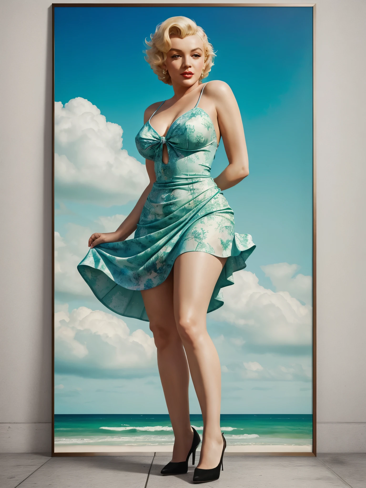 Pintura digital inspirada na musa Marilyn Monroe, vestido branco, epic scene with the wind blowing under the dress, high quality digital art, Limited Edition poster.