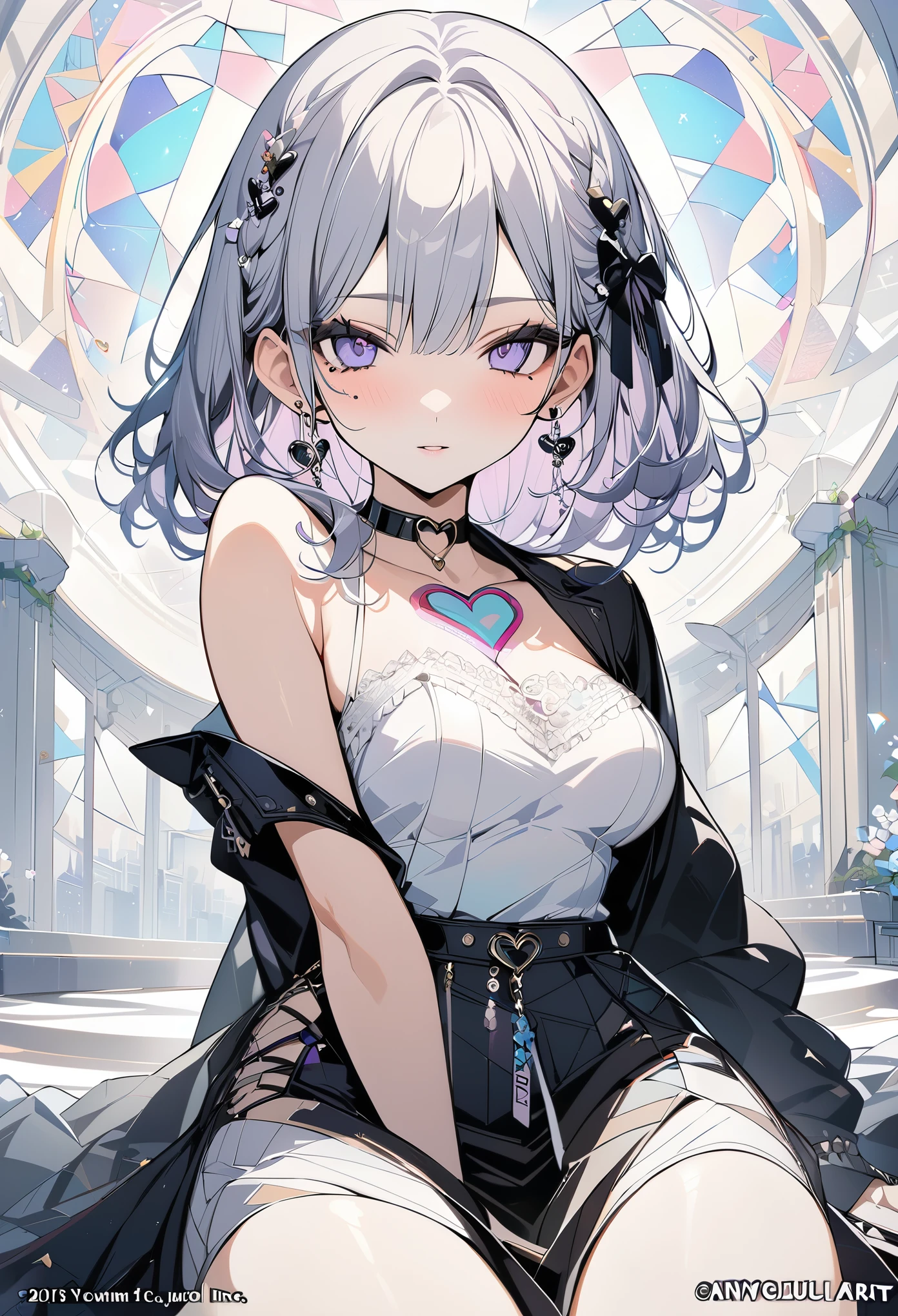 ,beautiful flower々),mole under eye, heart shaped choker, (masterpiece, highest quality), official art, beautiful and aesthetic: 1.2), (1 girl), very detailed, (geometry art: 1.3), colorful