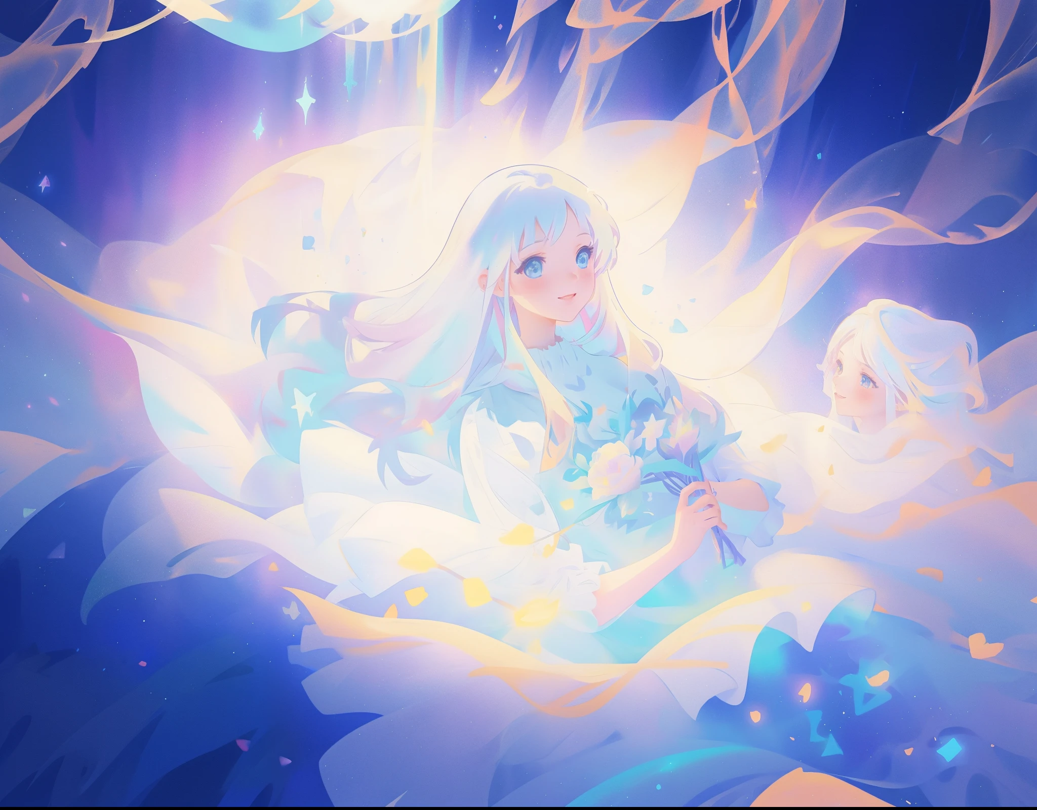 watercolor illustration, beautiful young girl in a long flowing sleeve dress, simple medieval style dress, long flowing hair, beautiful girl holding a glowing ball of light, sparkling blue eyes, colorful fantasia background, watercolor illustration, disney art style, glowing aura around her, glowing lights, beautiful digital illustration, beautiful, masterpiece, best quality, anime disney style