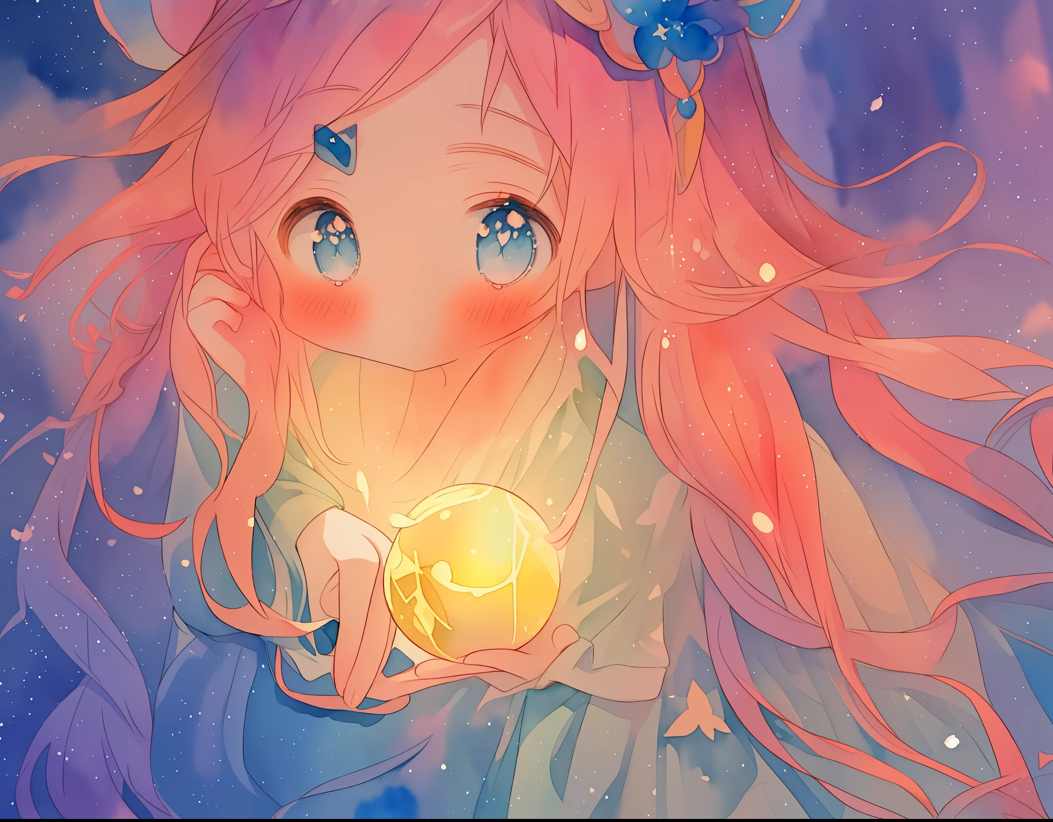 watercolor illustration, beautiful young girl in a long flowing sleeve dress, simple medieval style dress, long flowing hair, beautiful girl holding a glowing ball of light, sparkling blue eyes, colorful fantasia background, watercolor illustration, disney art style, glowing aura around her, glowing lights, beautiful digital illustration, beautiful, masterpiece, best quality, anime disney style