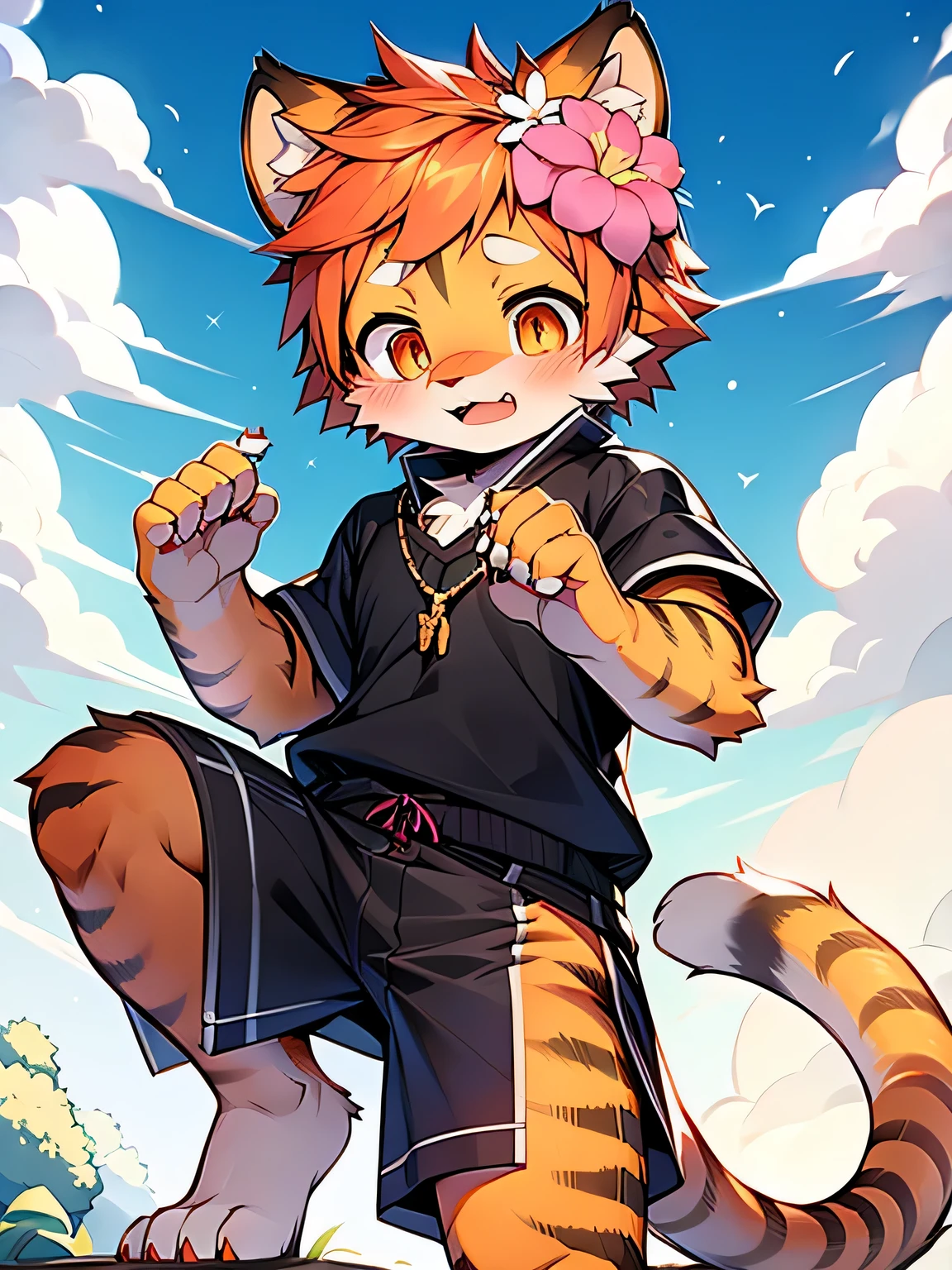 Tiger ears, Tiger Girl, Tiger tail, hair flower, hair adornments, Orange eyes, Orange hair, Short hair, Tail,  Blushing and shy，drools ，pink panty， B-cover，Butou，Practice martial arts