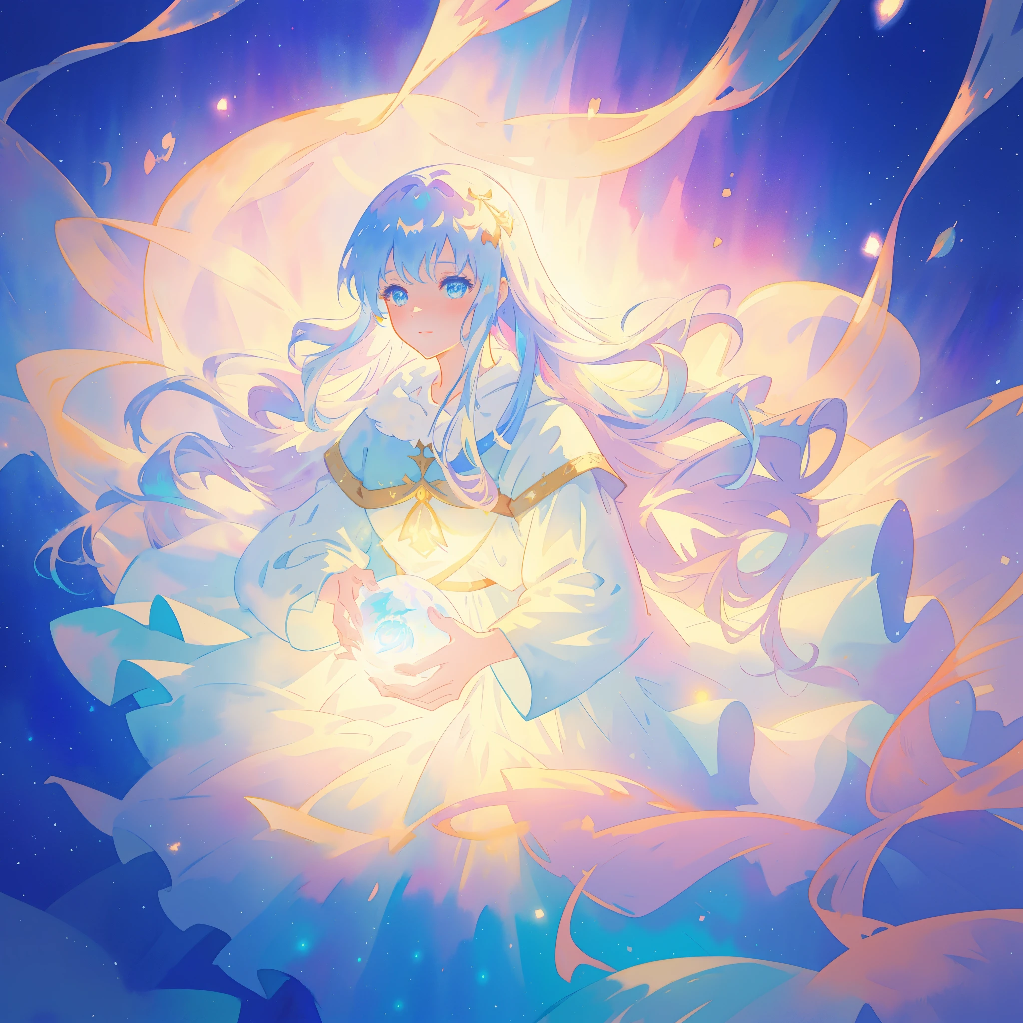 watercolor illustration, beautiful young girl in a long flowing sleeve dress, simple medieval style dress, long flowing hair, beautiful girl holding a glowing ball of light, sparkling blue eyes, colorful fantasia background, watercolor illustration, disney art style, glowing aura around her, glowing lights, beautiful digital illustration, beautiful, masterpiece, best quality, anime disney style
