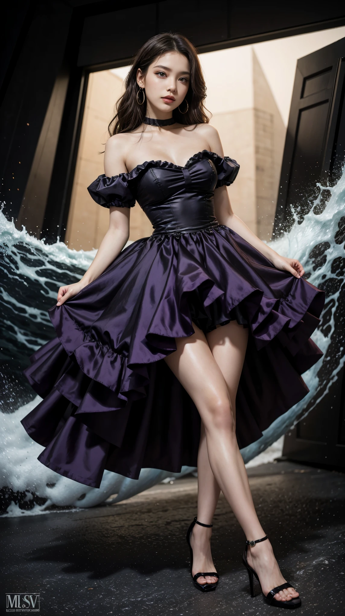 highest quality,masterpiece,ultra high resolution,(actual:1.4),original photo,ultra high resolution，8K，there is a woman，Fair skin，big waves，Collaboration miniskirt dress of medium purple and cool black:1.5，high heels，long legs:1.5，bright and beautiful，high waist，Fancy makeup with red eyeshadow，Large ring earrings，Lively poses，