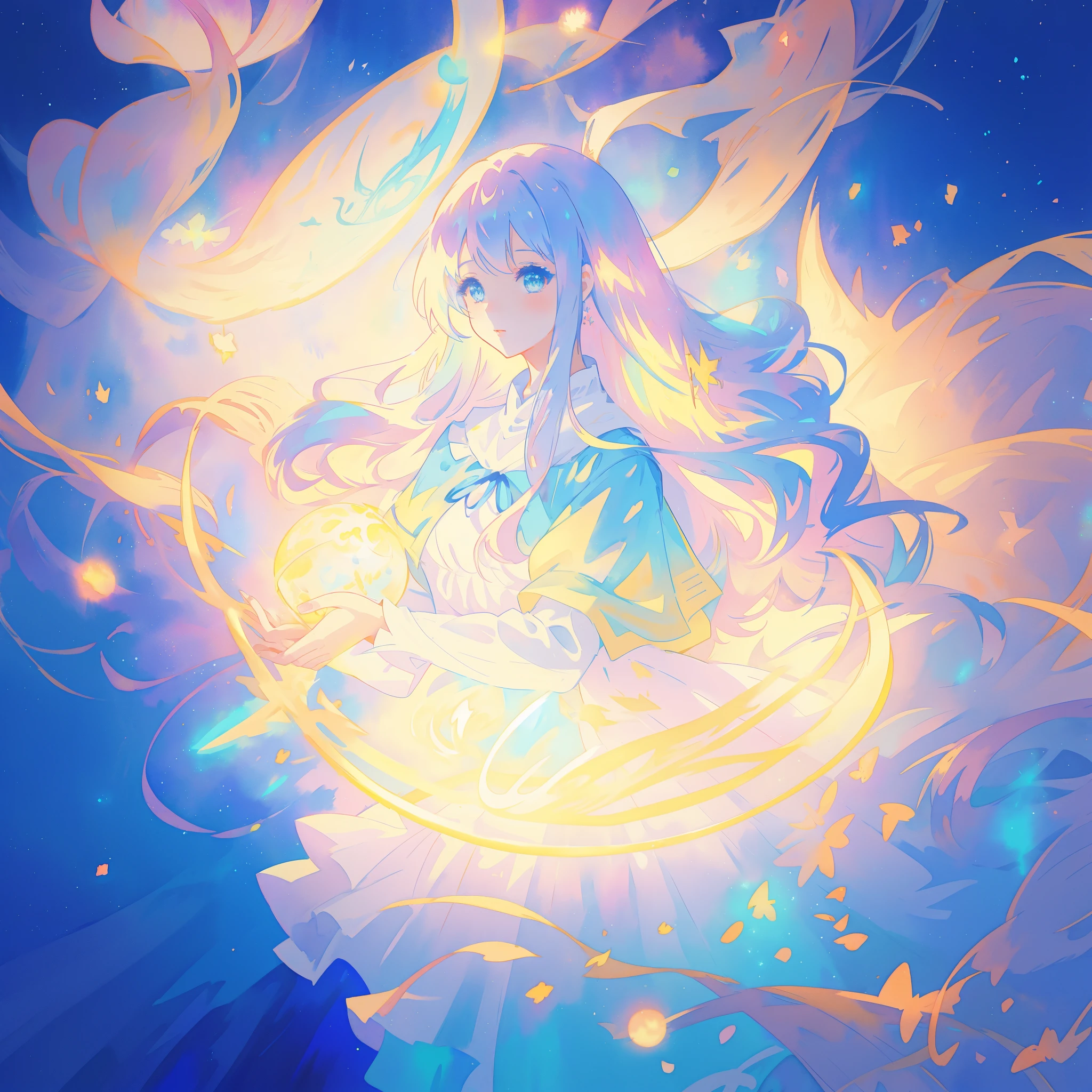 watercolor illustration, beautiful young girl in a long flowing sleeve dress, simple medieval style dress, long flowing hair, beautiful girl holding a glowing ball of light, sparkling blue eyes, colorful fantasia background, watercolor illustration, disney art style, glowing aura around her, glowing lights, beautiful digital illustration, beautiful, masterpiece, best quality, anime disney style