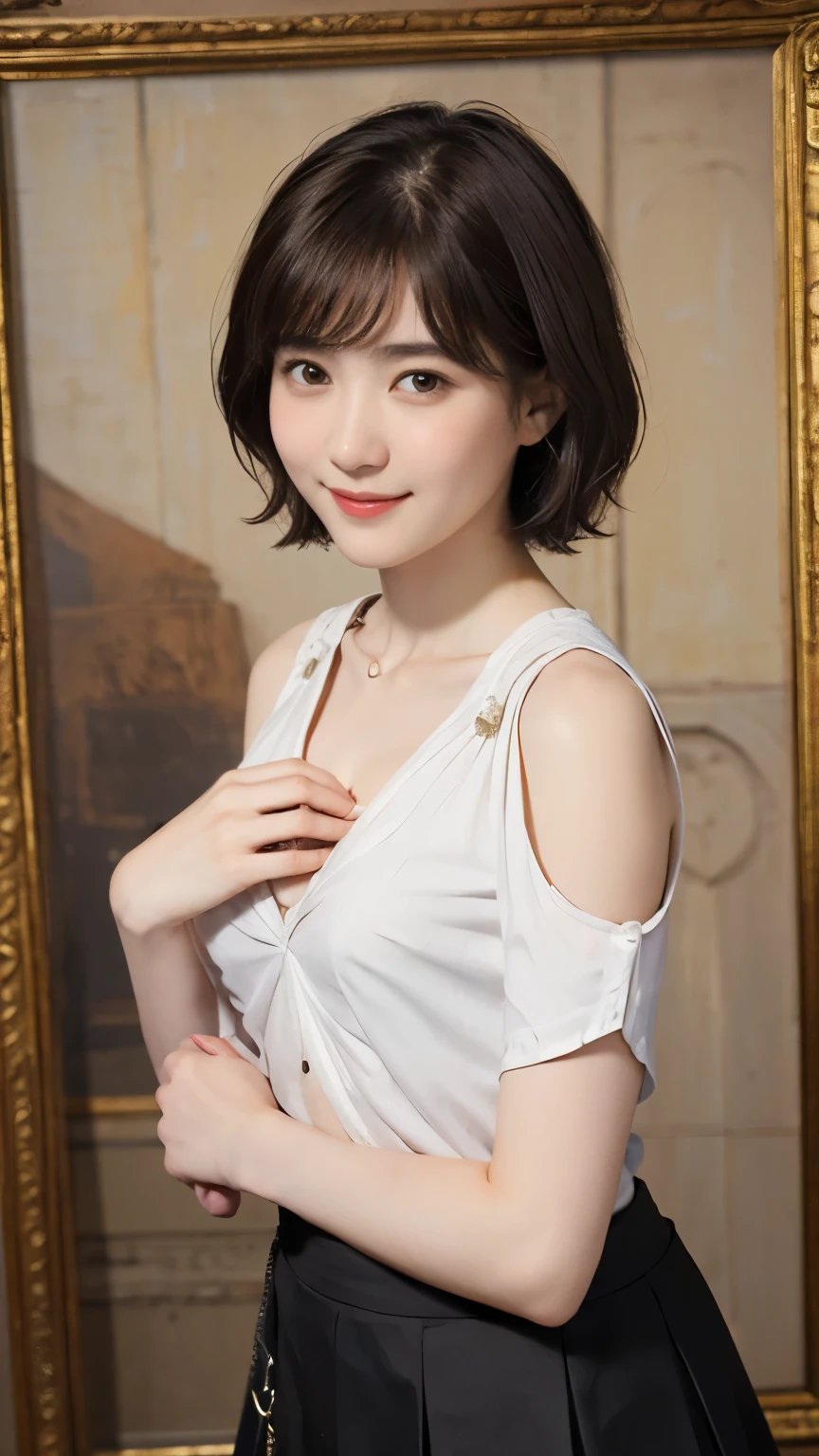 186 Short hair, 20 year old female, gentle smile, (rembrandt style painting), (chest:1.46), (wearing a skirt)