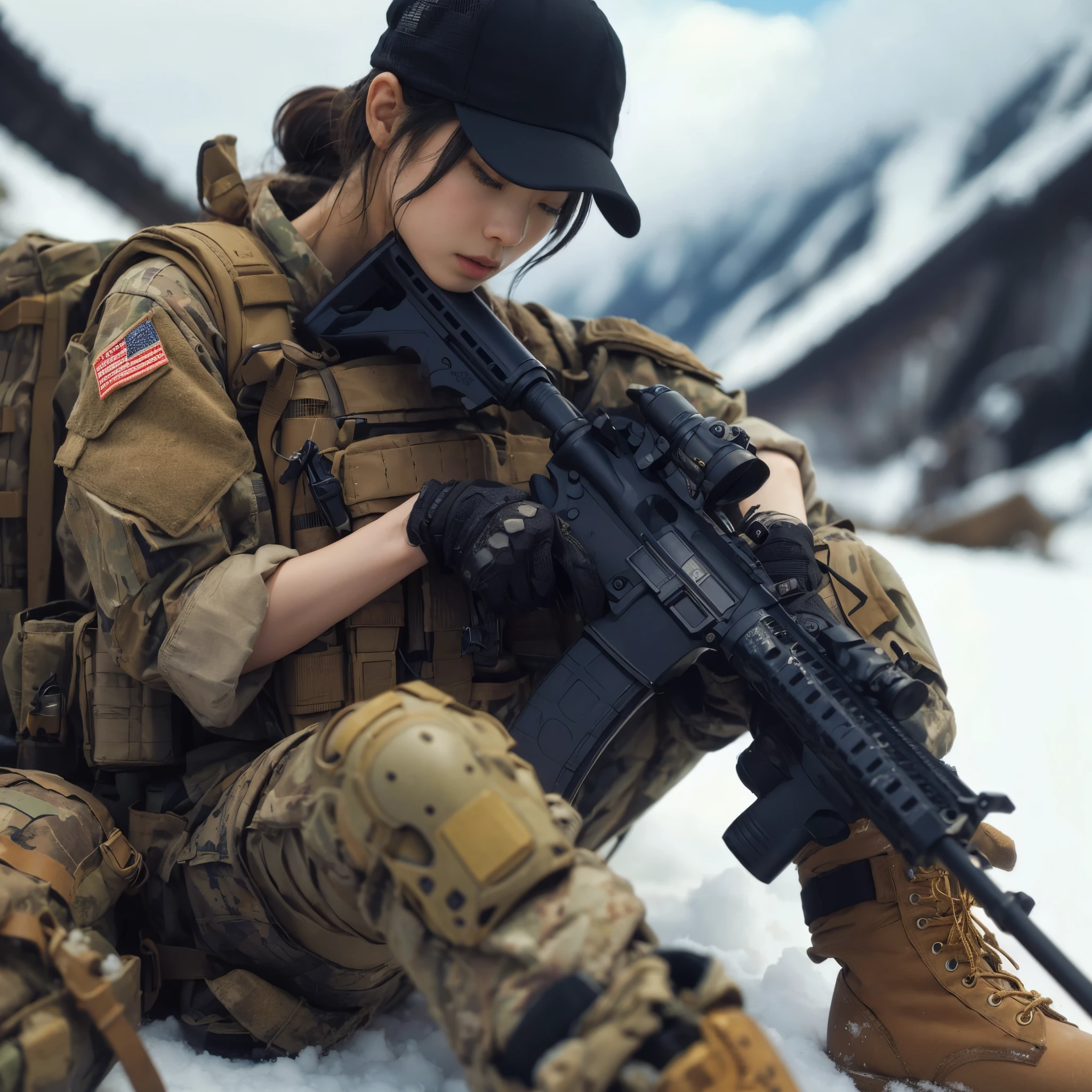 ８K,realistic photo、realistic skin texture、A beautiful Japanese woman belonging to the American military is in a mountainous area covered with snow.、sitting、tired、military cold weather equipment、outdoor、、bulletproof vest、Holding an automatic rifle、with caution、Backpack、wearing a baseball cap、It is dirty、tattoo、moving action pose、muscle、dramatic composition、boots、Zoom out