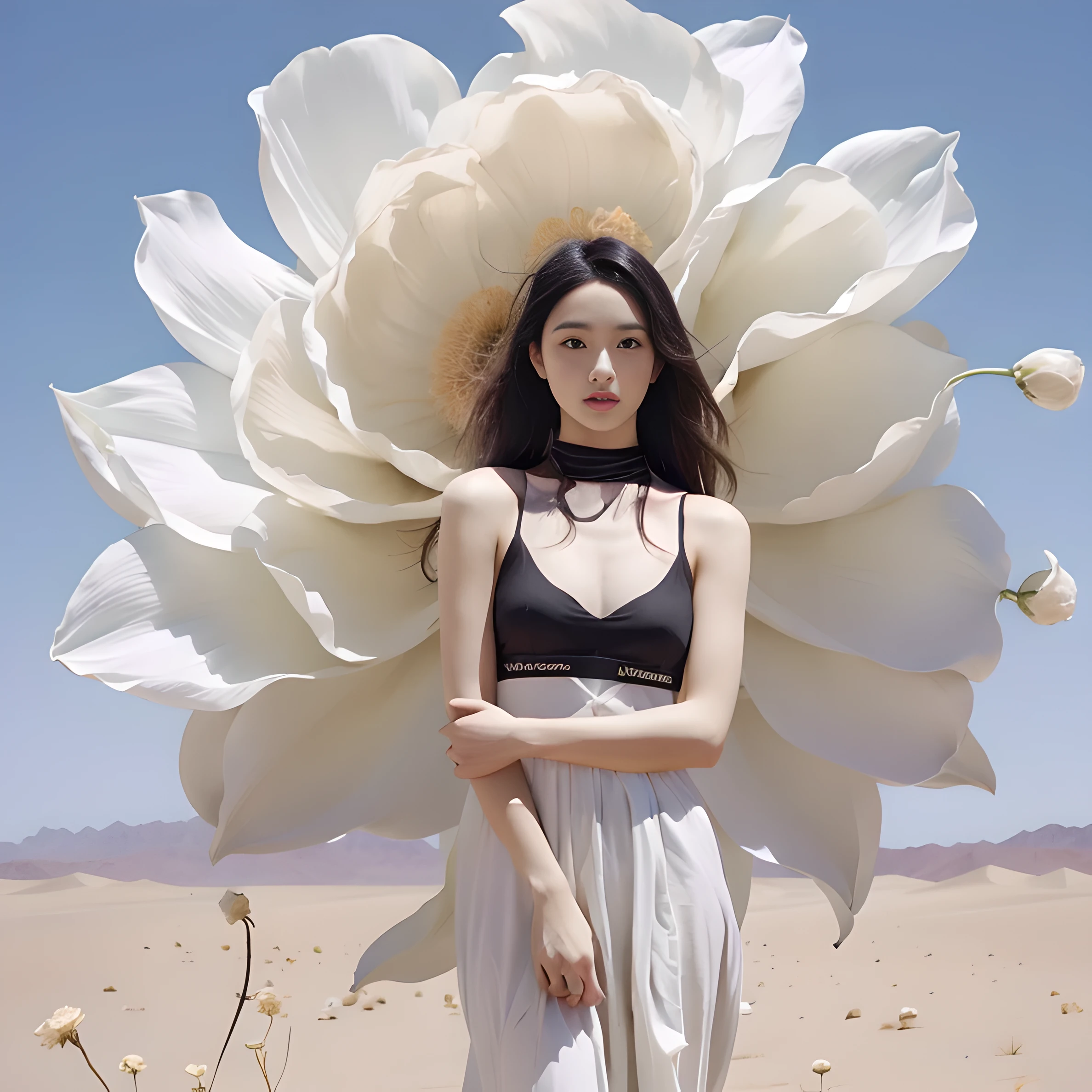 skirt，personal，white skirt，black hair，flowers，arms at sides，looking at the audience，blue sky，stand，short sleeves，Sky，outdoor，Long hair fluttered