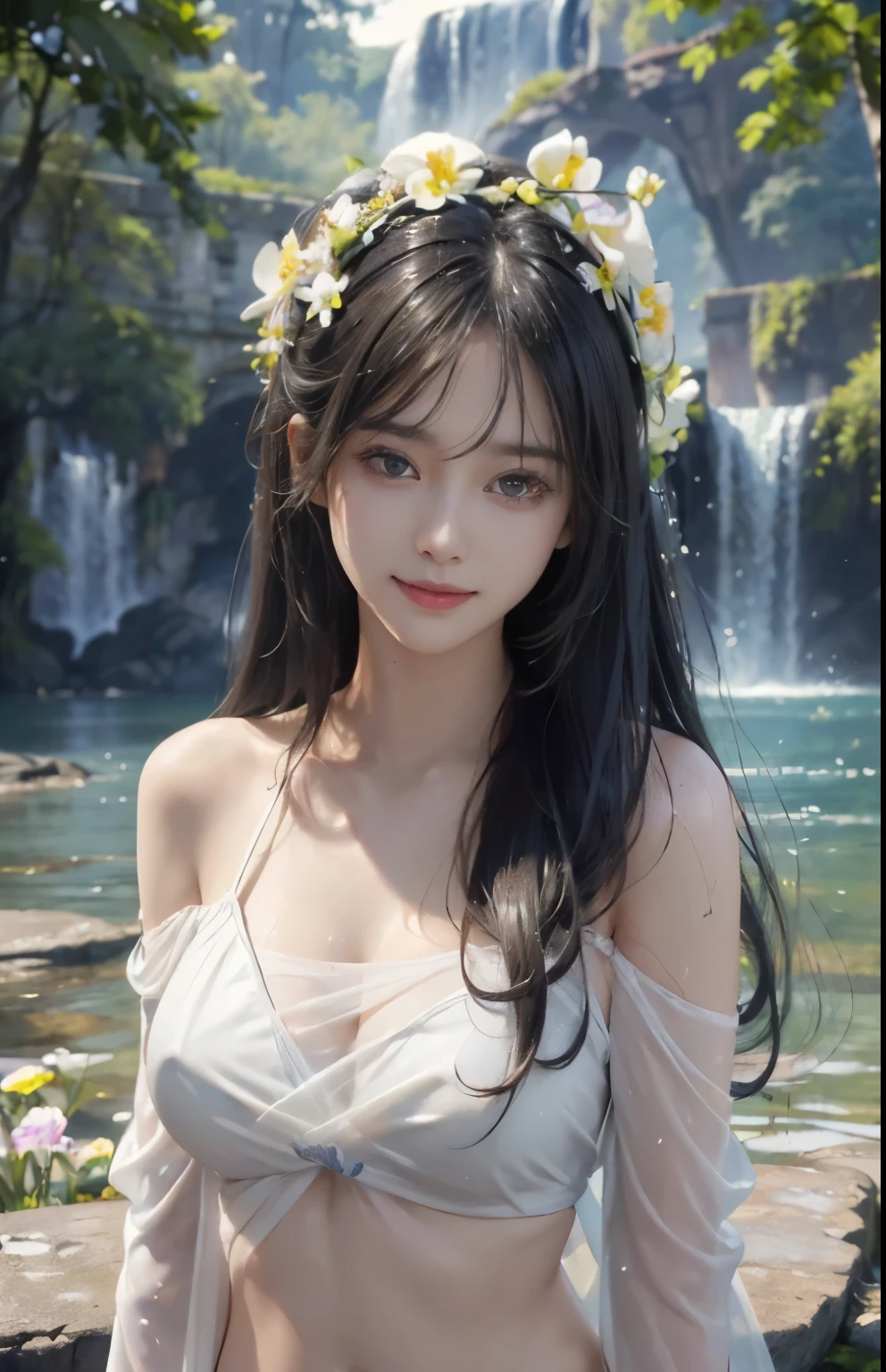(A hyper-realistic)、(illustration)、(hight resolution)、(8K)、(highly detailed)、(Best Illustration)、(beautifully detailed eyes)、(top-quality)、(ultra-detailed)、(masterpiece)、(wall-paper)、(A detailed face)、solo、1 girl、looking at viewert、fine detailed、A detailed face、deep-shadows、lowkey、pureerosfaceace_v1、A smile、Black straight hair、 46 points oblique bangs、Wet hair、Wet skin、Navel Ejection、Hair spreads、See-through stole on shoulder、Dynamic Posing、Lots of flowers in the background、Big hair ornament、