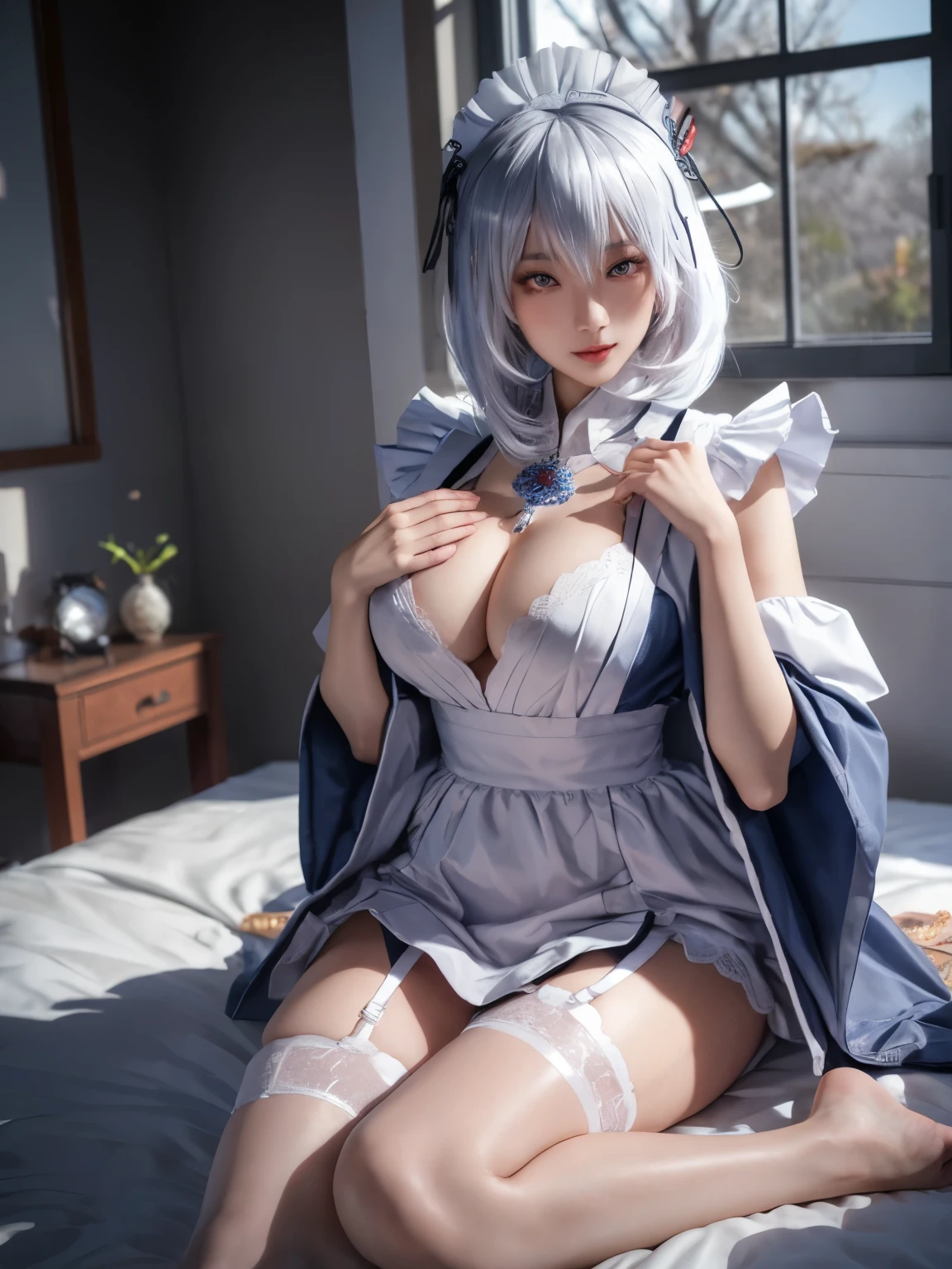 1girl, Tobiichi Origamai date a live, spirit vers, wear jacket coat, detailed realistic coat, (lie down on bed)!!, anime style, (masterpiece:1.35), (bestquality:1.4), 8k,ultra-detailed, professional lighting photography, sidelock, (ultra-realistic:1.4), film grain, Fujifilm XT3, depth of field, female focus, mature female, cosplay, (Sexy Asian female:1.45), looking at viewer, head curtain crown, blush, closed mouth, seductive smile, fresh lips, (shiny eyes pupils)!!, detailed eyes, (homochromatic eyes)!,  detached sleeves, (hand between the crotch)!!, earrings, hair between eyes, white hair bangs, white hair, long hair, detailed realistic hair, hair braid, jewelry, detailed jewelry, neck garter, necklace, (coat_on_shoulders)!!, (covered breast)!!, (breast is covered)!!, (covered chest)!!, (chest is covered)!!, skirt, petticoat, fishnet legs, panthyhose, smooth thighs cleavage, (garter thighs), high_thighs, nontraditional tobiichi origami /(date a live/), cherry blossom, window, There are birds in the sky, There are butterflies, Snowy mountain in the background of windows, The sky is blue, river outside the room, tobiichi origami /(date a live/), (correct anatomically)!