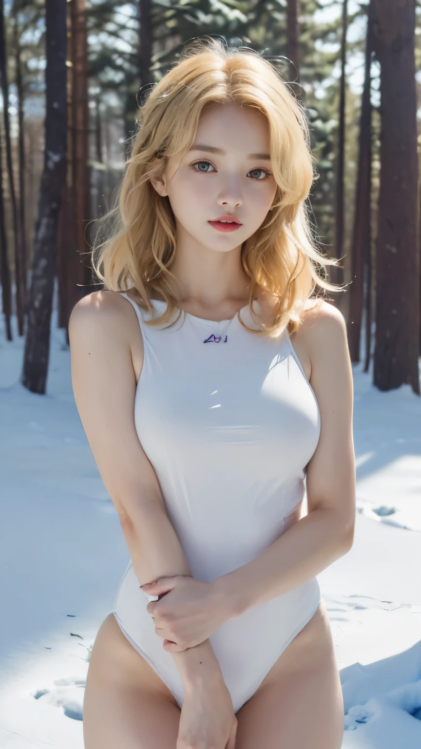 (((best quality, 8 thousand, masterpiece:1.4)), (20 year old woman), masterpiece, distinct, highres, high_quality, wide_shot, small_face, absurdly_short_hair, female, sagging_breasts, balancing, stretching, gentle_face, bare_shoulders, center_opening, downblouse, (blonde wavy very long hair), (winter날씨에 깊은 숲속에 혼자 남아 가운데 앉아 있다), (C-com saggy breasts), winter forest, winter:1.3, big eyes:1.3, 