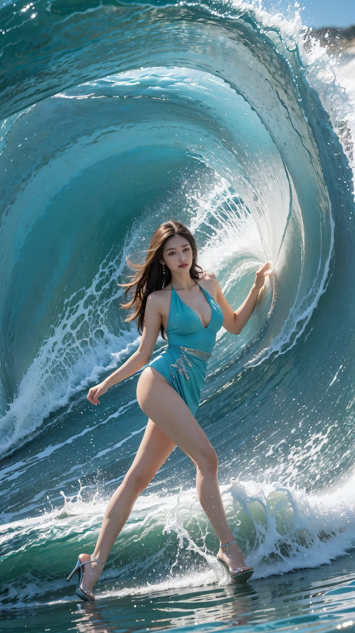 highest quality,masterpiece,ultra high resolution,(actual:1.4),original photo,ultra high resolution,8K,there is a woman,Fair skin,exquisite makeup,Big waves,turquoise dress,high heels,long legs,bright and beautiful,sexy random poses,
