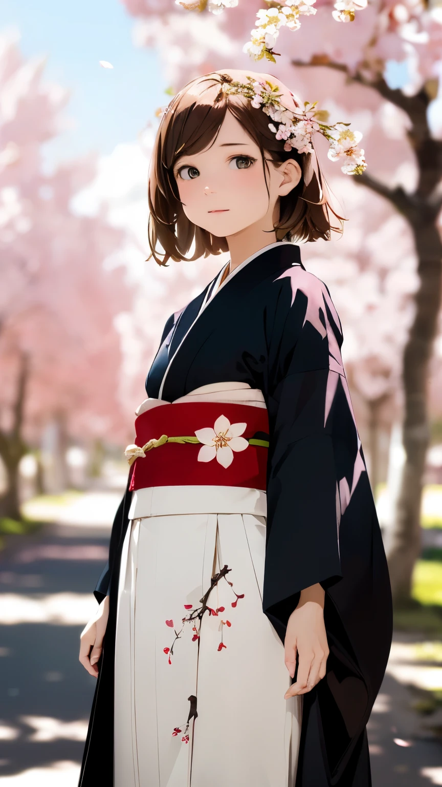 (kimono)、Japanese clothing、(highest quality,masterpiece:1.3,超A high resolution,),(Super detailed,caustics),(Photoreal:1.4,RAW shooting,)ultra-realistic capture,very detailed,High resolution 16K suitable for human skin、 natural skin texture、、Skin tone looks even and healthy、 Use natural light and color,one woman,Japanese,,cute,beautiful silky brown hair,middle hair,(Depth of written boundary、chromatic aberration、wide lighting range、natural shading、)、(hair swaying in the wind:1.3)、(Cherry tree in full bloom:1.3)、Yoshino cherry tree、The beautiful city of Kyoto