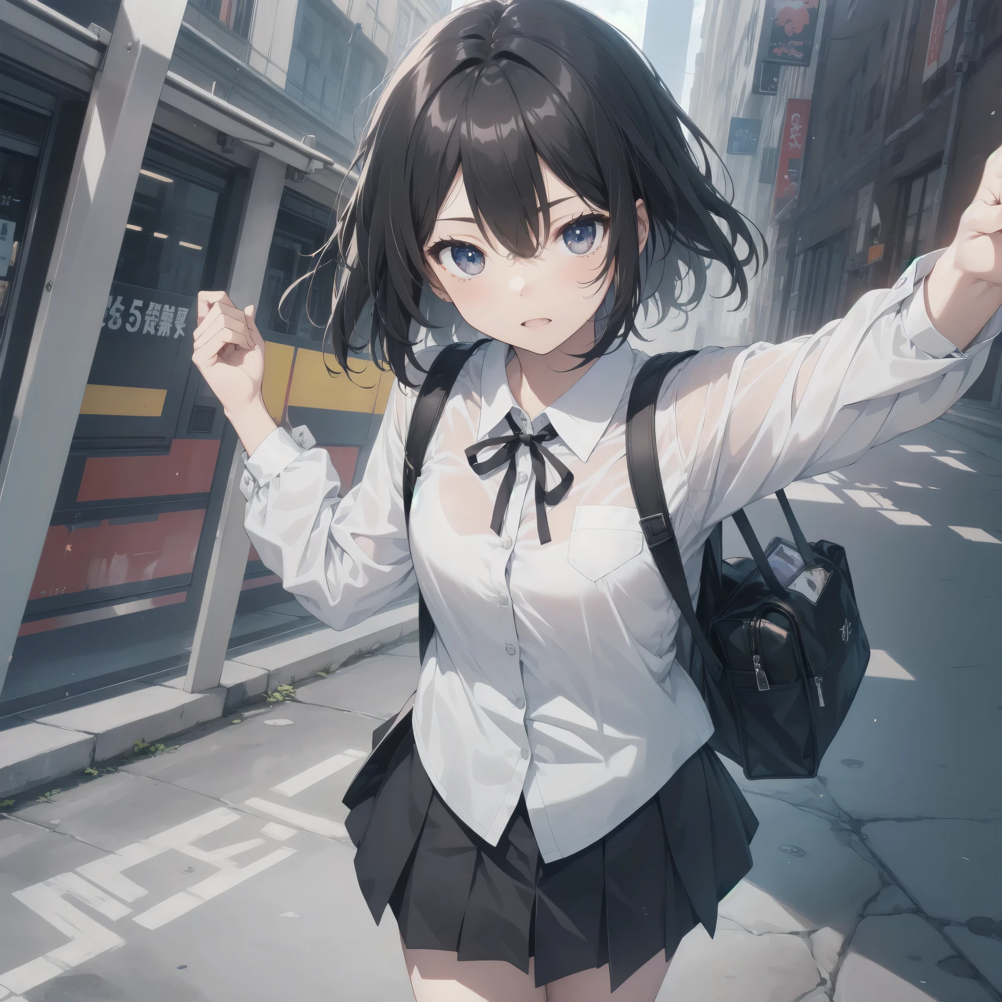 Super Absurd - Top Quality from the God of Art, Super detailed, High resolution, anime moe art style, cute girl portrait, best anime 8K konachan wallpaper, Pixiv contest winners, perfect anatomy,break, (眠そうにalone学校へ行く女の子を描いてください. )break,1 girl, (alone,little woman, :1.3),All limbs, full finger,, The charm of an immature body, (very short hair), shortcut, flat chest, , small ass, between legs, small black eyes, detailed and beautiful eyes, Well-proportioned iris and pupils, expressive eyes, High resolutionの詳細な髪, yawn, neck ribbon, shirt, collared shirt, skirt, pleated skirt, , (detailed lighting), (detailed background), On the way to school. break,super dense skin, Best cinematic lighting powered by famous artist, 8K,Beauty Illustration,photoshop_(Moderate),Absurd Hi-Res,UHD,rough skin,break,((artist:kantoku)), artist:dark black,artist:shinkai makoto,artist:sekiya asami,artist:Fujiyama,