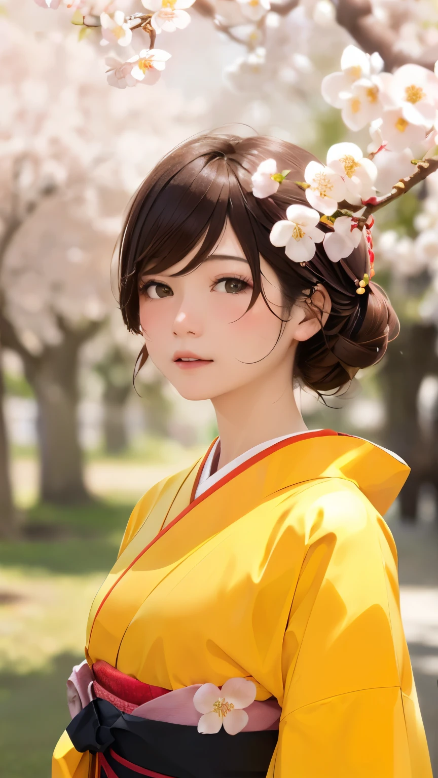 (kimono)、Japanese clothing、(highest quality,masterpiece:1.3,超A high resolution,),(Super detailed,caustics),(Photoreal:1.4,RAW shooting,)ultra-realistic capture,very detailed,High resolution 16K suitable for human skin、 natural skin texture、、Skin tone looks even and healthy、 Use natural light and color,one woman,Japanese,,cute,beautiful silky brown hair,middle hair,(Depth of written boundary、chromatic aberration、wide lighting range、natural shading、)、(hair swaying in the wind:1.3)、(Cherry tree in full bloom:1.*****shino cherry tree、The beautiful city of Kyoto