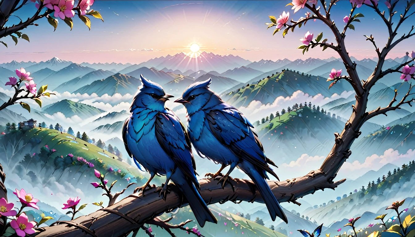 Two blue birds cuddle together on a twig apple tree with pink flowers near the bird's nest below them is a meadow full of beautiful flowers on the horizon there are mountains in the mist with the rising sun of bright colors