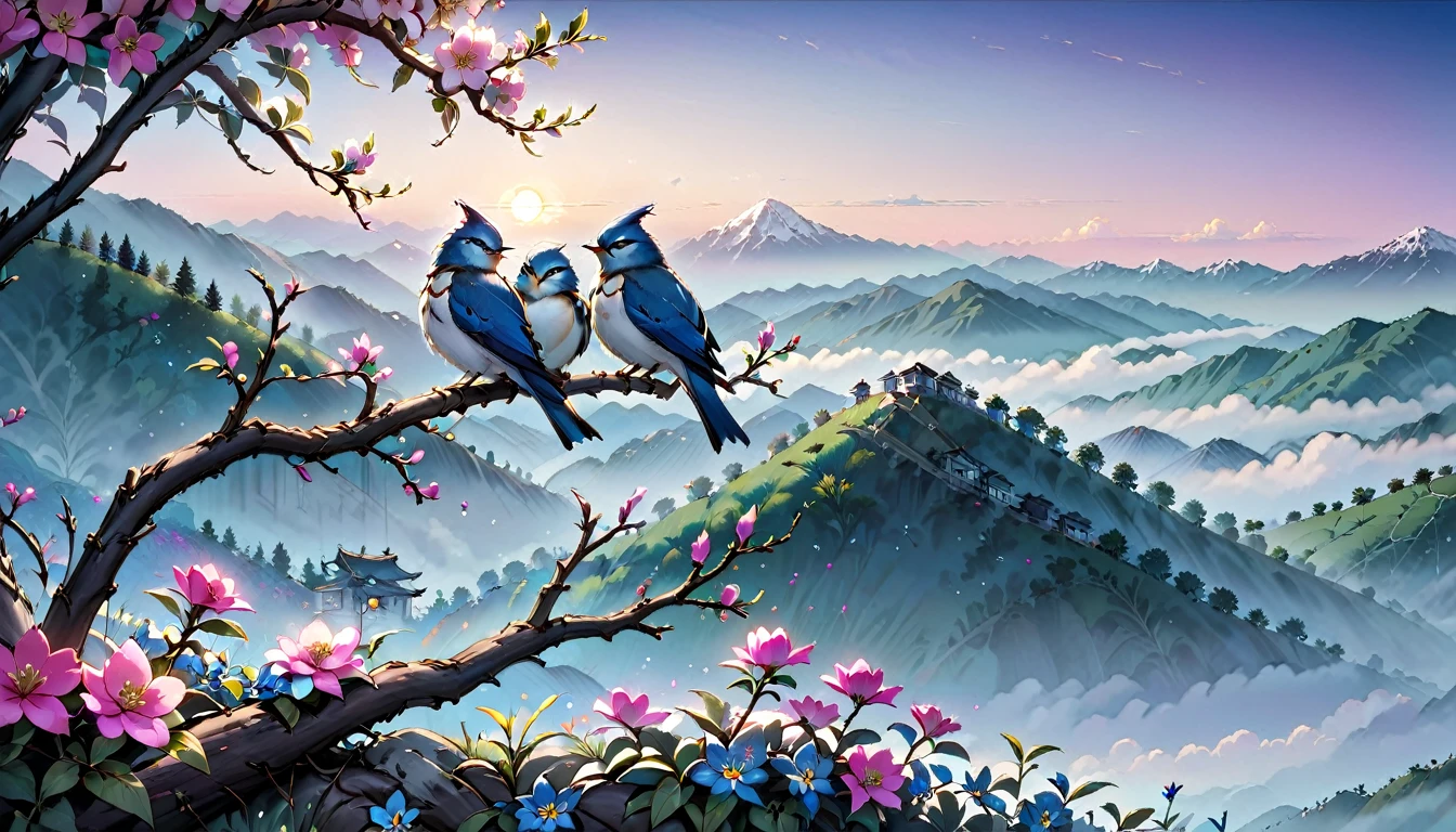 Two blue birds cuddle together on a twig apple tree with pink flowers near the bird's nest below them is a meadow full of beautiful flowers on the horizon there are mountains in the mist with the rising sun of bright colors