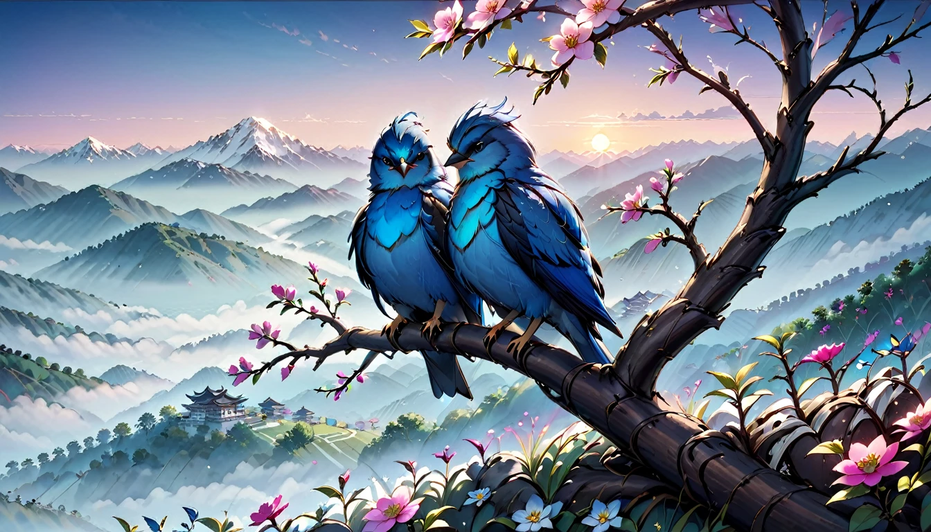 Two blue birds cuddle together on a twig apple tree with pink flowers near the bird's nest below them is a meadow full of beautiful flowers on the horizon there are mountains in the mist with the rising sun of bright colors