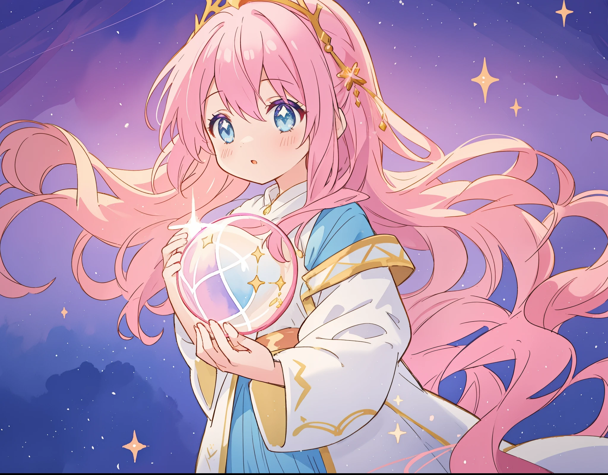 watercolor illustration, beautiful young girl in a long flowing sleeve dress, simple medieval style dress, long flowing muted dark pink hair, beautiful girl holding a glowing ball of light, muted blue purple pink and gold colors, sparkling blue eyes, colorful fantasia background, watercolor illustration, disney art style, glowing aura around her, glowing lights, beautiful digital illustration, beautiful, masterpiece, best quality, anime disney style
