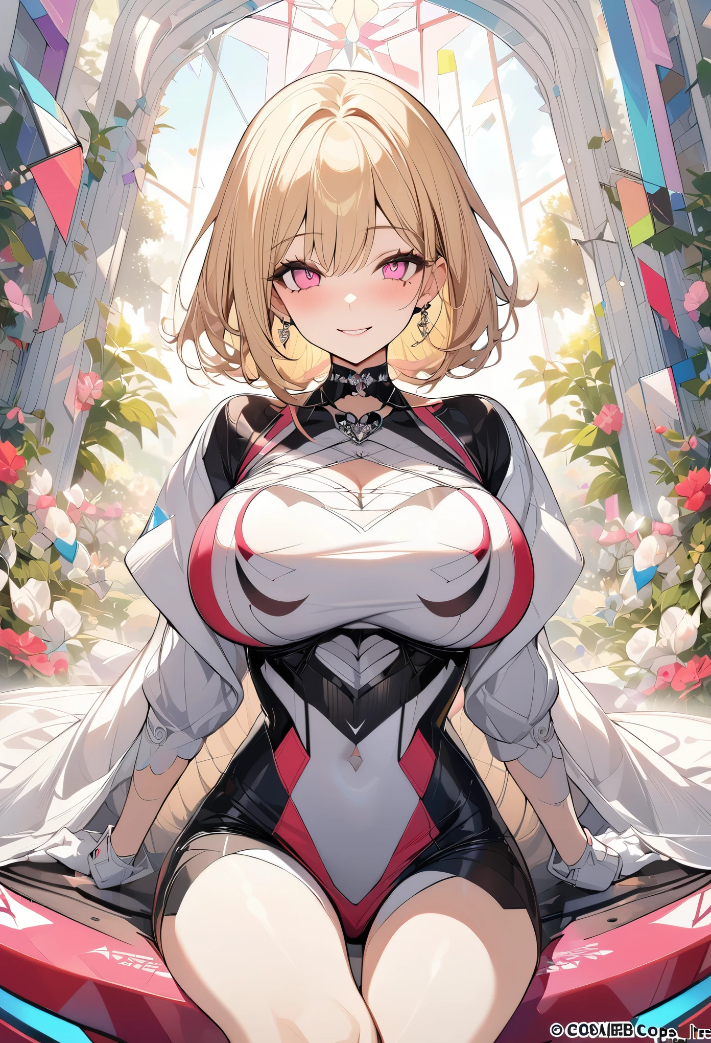 1 girl, blonde bob hair, heart shaped eyes, ♡, big breasts, lace queen, {girl with blonde bob hair named nao}, (Pink eye color), {race car}, (smile), bright background , mole under eye, Star-shaped choker, (masterpiece, highest quality), very detailed, highest quality, official art, beautiful and aesthetic: 1.2), (1 girl), very detailed, (geometry art: 1.3), colorful, most detailed ,(garden,beautiful flower々), (masterpiece, highest quality), official art, beautiful and aesthetic: 1.2), (1 girl), very detailed, (geometry art: 1.3), colorful