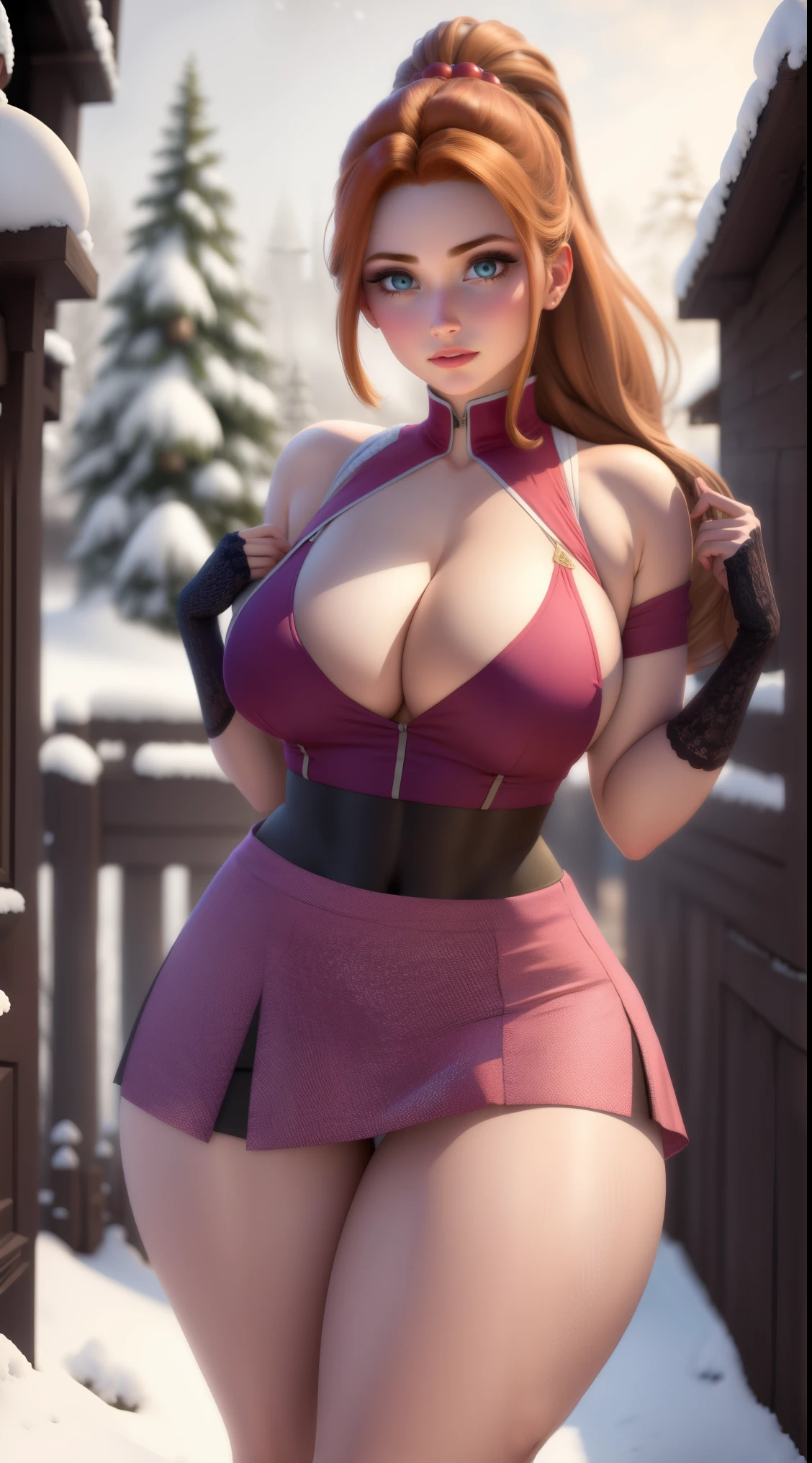 woman, ((Masterpiece, best quality)), full body view, sexy, bursting huge breasts, detailed skin, Anna from Frozen clothes, highly detailed, cinematic lighting, ultra realistic, blush, looking at viewer,  anna, anna from frozen, princess, disney, brown hair, long hair, portrait, outdoor, snow,  cleavage,  large breasts,  wide hips, full body view, tall, 
skirt, miniskirt, microskirt, pleated skirt, thighs,