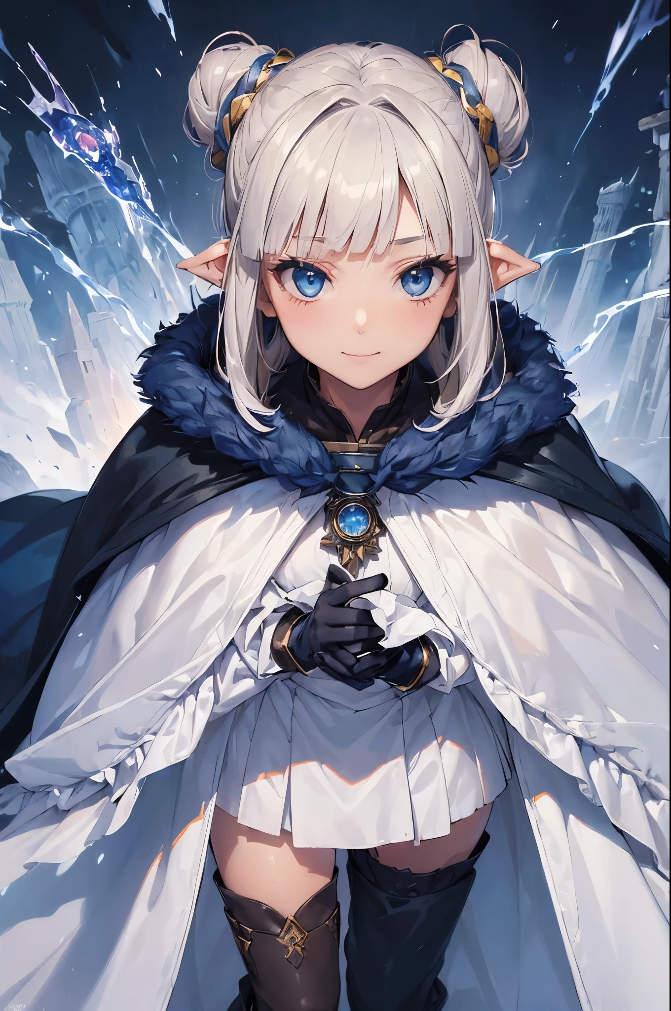 (((((girl))))), masterpiece, ultra detailed, 8K Portrait, Raw photo, woman's portrait photography, full body, Highly detailed face, mischievous childish smile, ((Fantasy)), (((hobbit))), ((Adult)), 45 years old, 110cm, (((ALCHEMIST))), ((tanned skin)), (((olive colored short bob topknot hair))), (((blunt bangs))), (((dark blue silk long Fluffy cloak))) Fluttering in the wind, (((white inner coat))), long skirt, leather gloves, Midday sun, Hyper realistic, Slender body, by the snowy castle, Ambient lighting, Shadow details, Camera focus on face, strong breeze, Light fog
