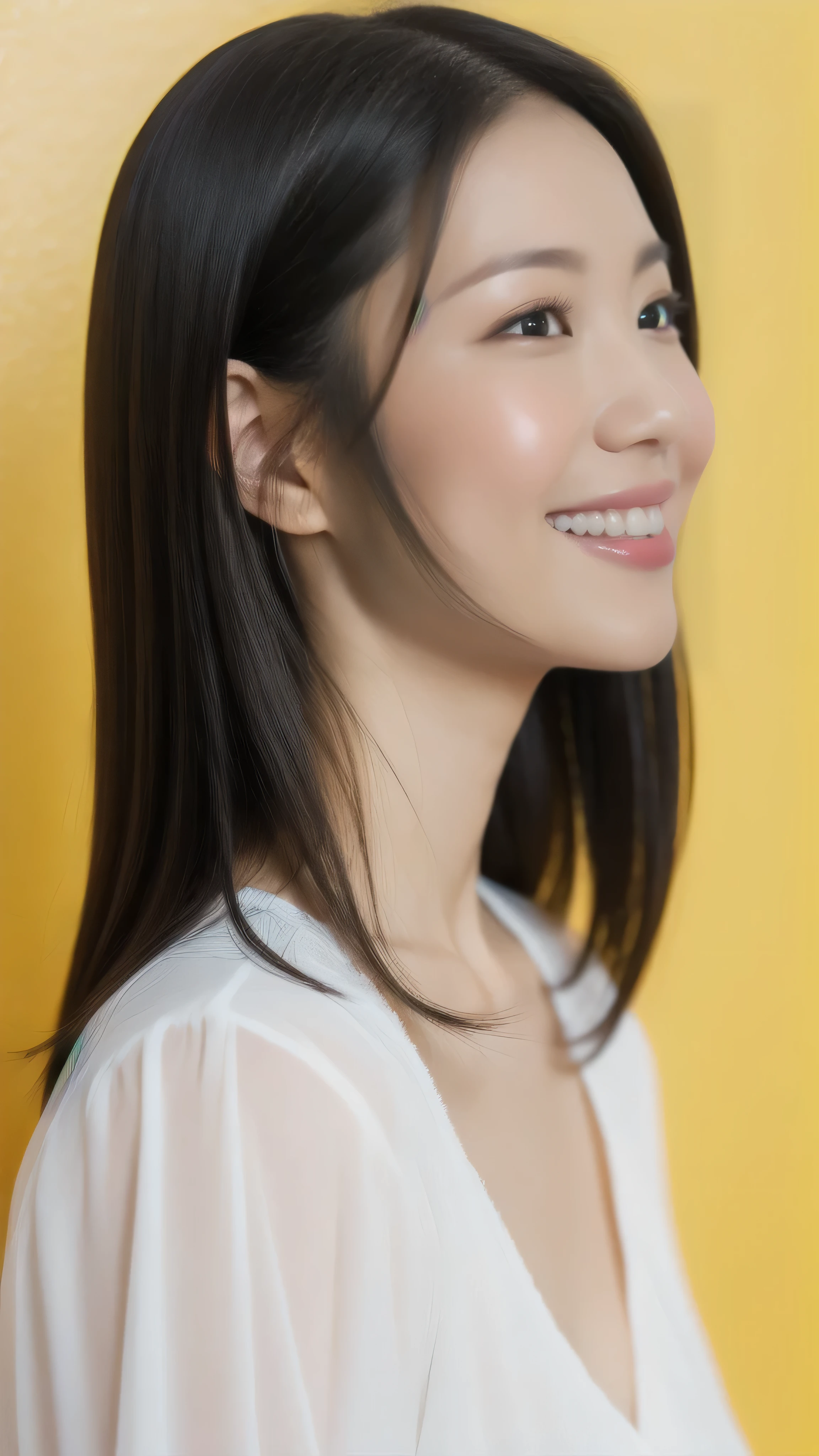 ((1 person)),hostess face、smile、30 years old、black hair、straight hair、white shirt、married woman,high quality、Super realistic、日本人のmarried woman、 perfect eyes、Shining beautiful skin、pastel yellow wall,From the side、just the face、on the neck