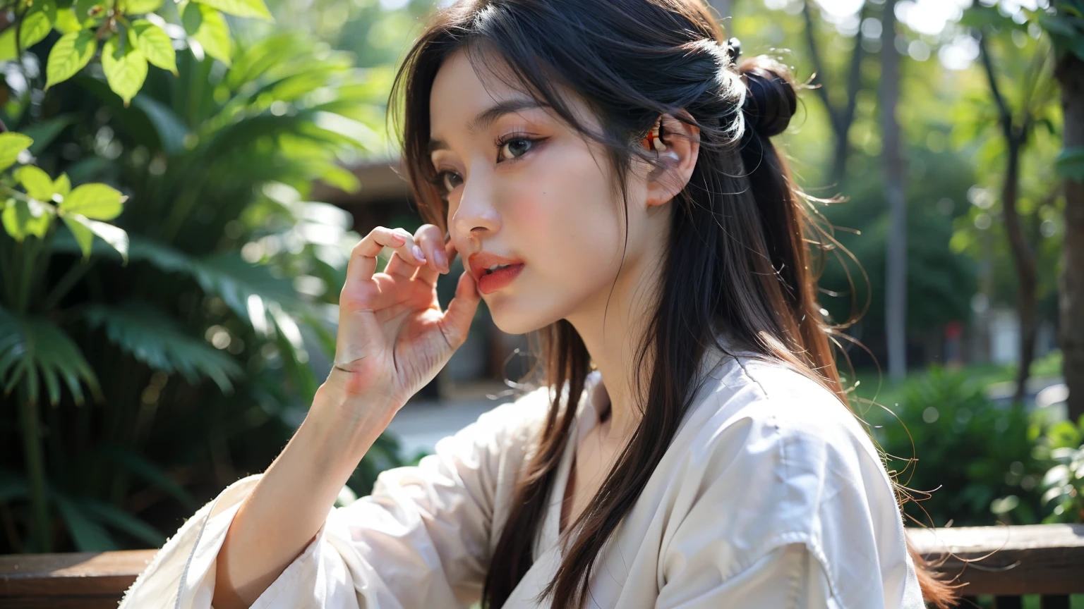 in the sun, Hanfu women, white hanfu, Upper body portrait photo, hairpin, bun, green trees, clear sky, bridge overhang, fantastic, Bouguereau reports, Popular topics on artstationh, Exquisite facial features style, close-up photo style, 8K, HD, upscale, sense of reality, First-person perspective, Positive face,looking at the audience,flash,