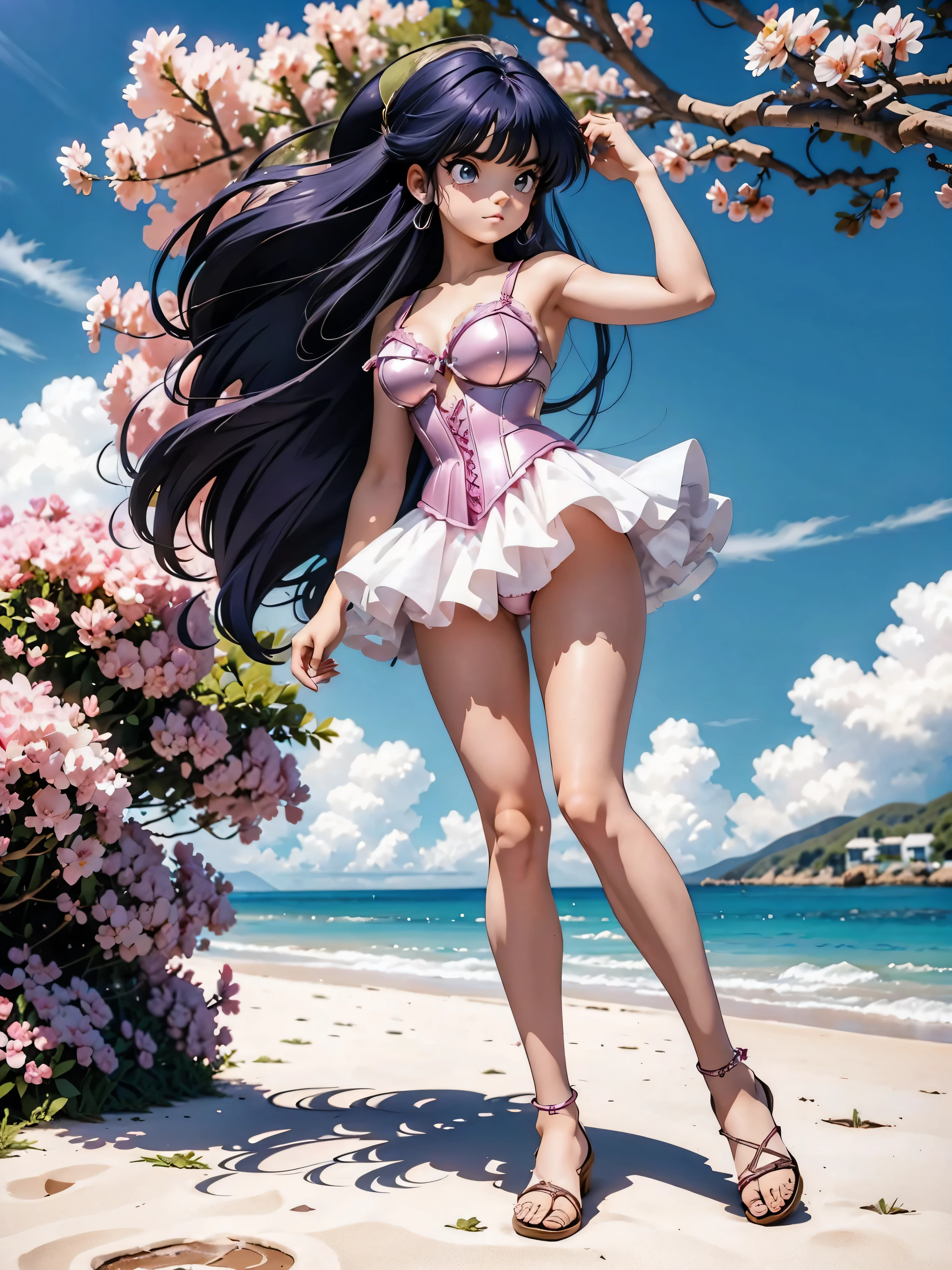 Garota anime de cabelo escuro com saia vestido longo purple meio transparente e espartilho, , corpo bonito, seios grandes, com hand in panties , hand in hair, Garota sexy, purple cabelo, mechas de cabelo laterais, mechas de cabelo na lateral do rosto, beautiful lighting, sombras suaves, olhos azuis, pernas bonitas, cabelo curto, estilo anime, personagem Akane Tendo, Autora Rumiko Takahashi, Baseado em obra de Rumiko Takahashi, Anime Ranma 1/ 2, decote sexy, quadril robusto, corpo inteiro, corpo inteiro, busto grande, garota jovem com corpo belo e bonito, sandals on his feet, garota 16 anos usando saia e corset pink e purple meio transparente, garota anime, estilo anime, beautiful feet in sandals, 45° viewing angle, ao ar livre, peito grande, seios bonitos, cabelo preto, sandals on the feet, pernas bonitas, sexy, belas pernas, Sandalias, seios grandes, corpo completo, corpo inteiro, feet with sandals, anime realista, saia, sarja roxa, personagem realista sexy, straight standing posture, ao ar livre, calcinha pink, hand in panties, saia vestido com 50% de opacidade meio translucida