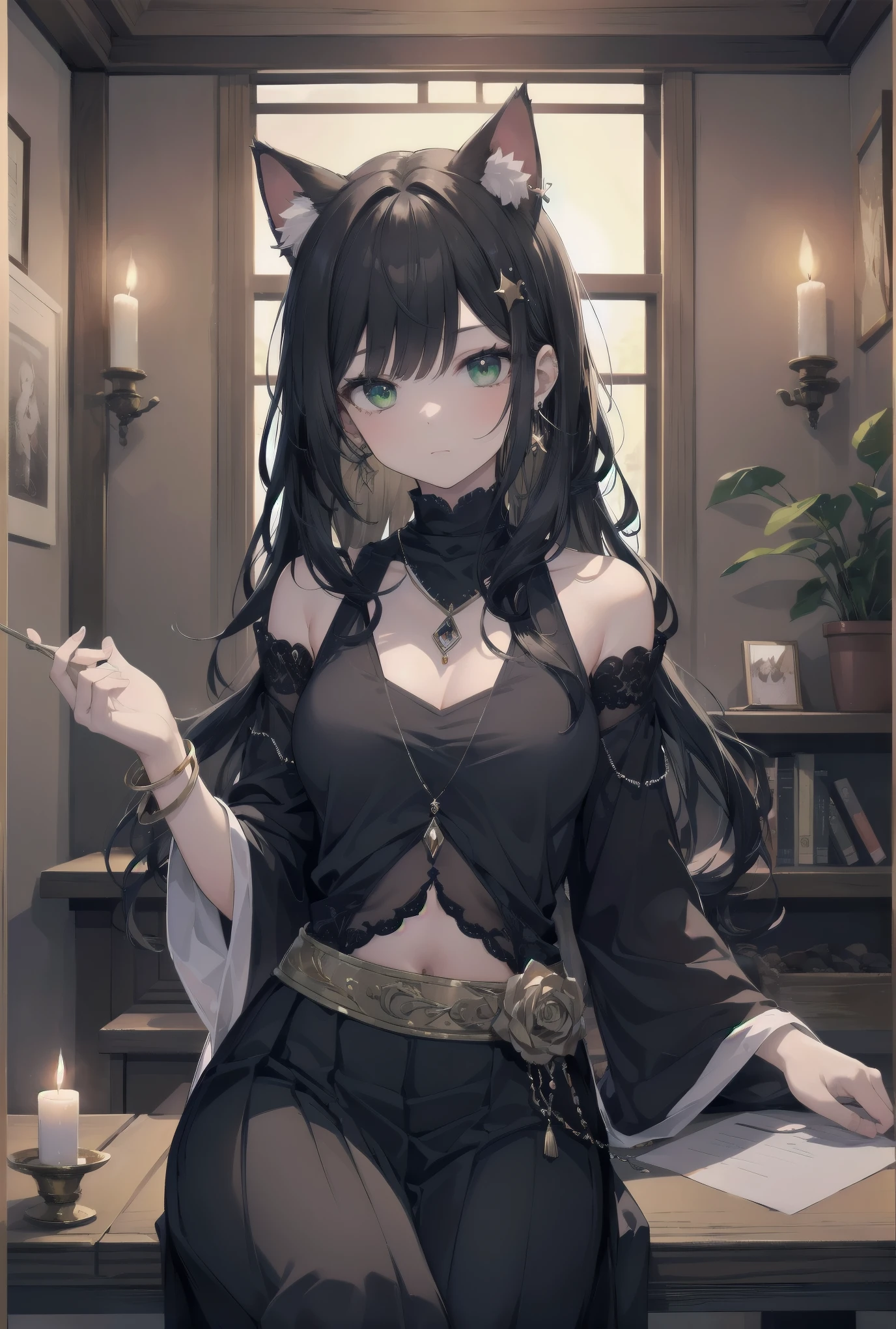 (female): solo, (perfect face), (detailed outfit), (20 years old), fortune teller, (cat ears), mysterious, (mysterious expression), (fortune telling), black hair, long hair, wavy hair, green eyes, pale skin, medium chest_circumference, gypsy top, long skirt, gemstone earrings, gemstone necklace, gemstone bracelet
(background): from front, indoor, fortune telling house, candle, star decorations, evening, clear
(effects): (masterpiece), (best quality), (sharp focus), (depth of field), (high res)