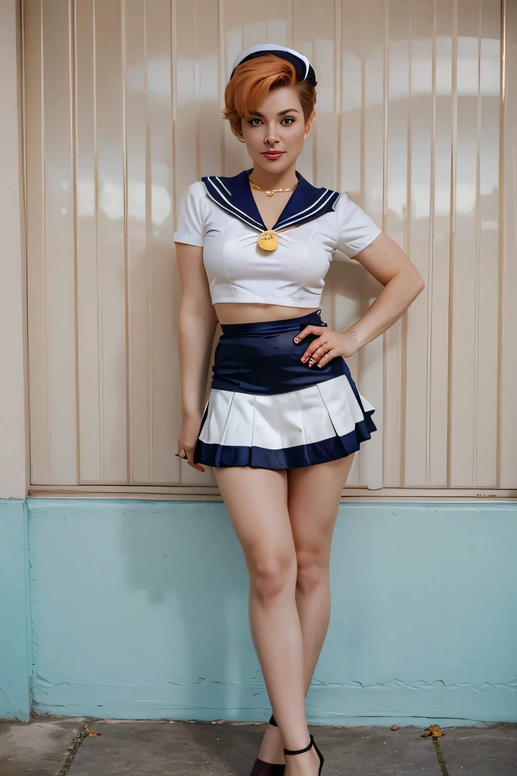 sailor uranus bombshell pin-up wearing her 80's shorter micro skirt flowing buying a chocolate egg all full body