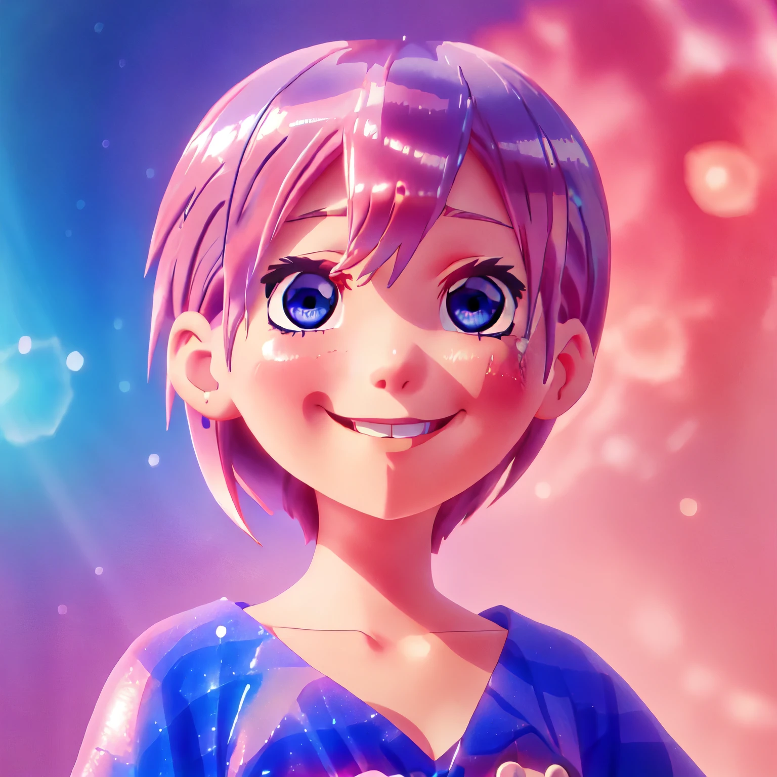 Ichika Nakano, short pink shiny hair, blue indigo eyes, dynamic pose, soft expressive face, sweet face, smile, iridescent, ((ballgown iridescent), colorful fantasia background, watercolor illustration, 4k, neat lineart, cute anime style, pretty, slim face, gorgeous girl