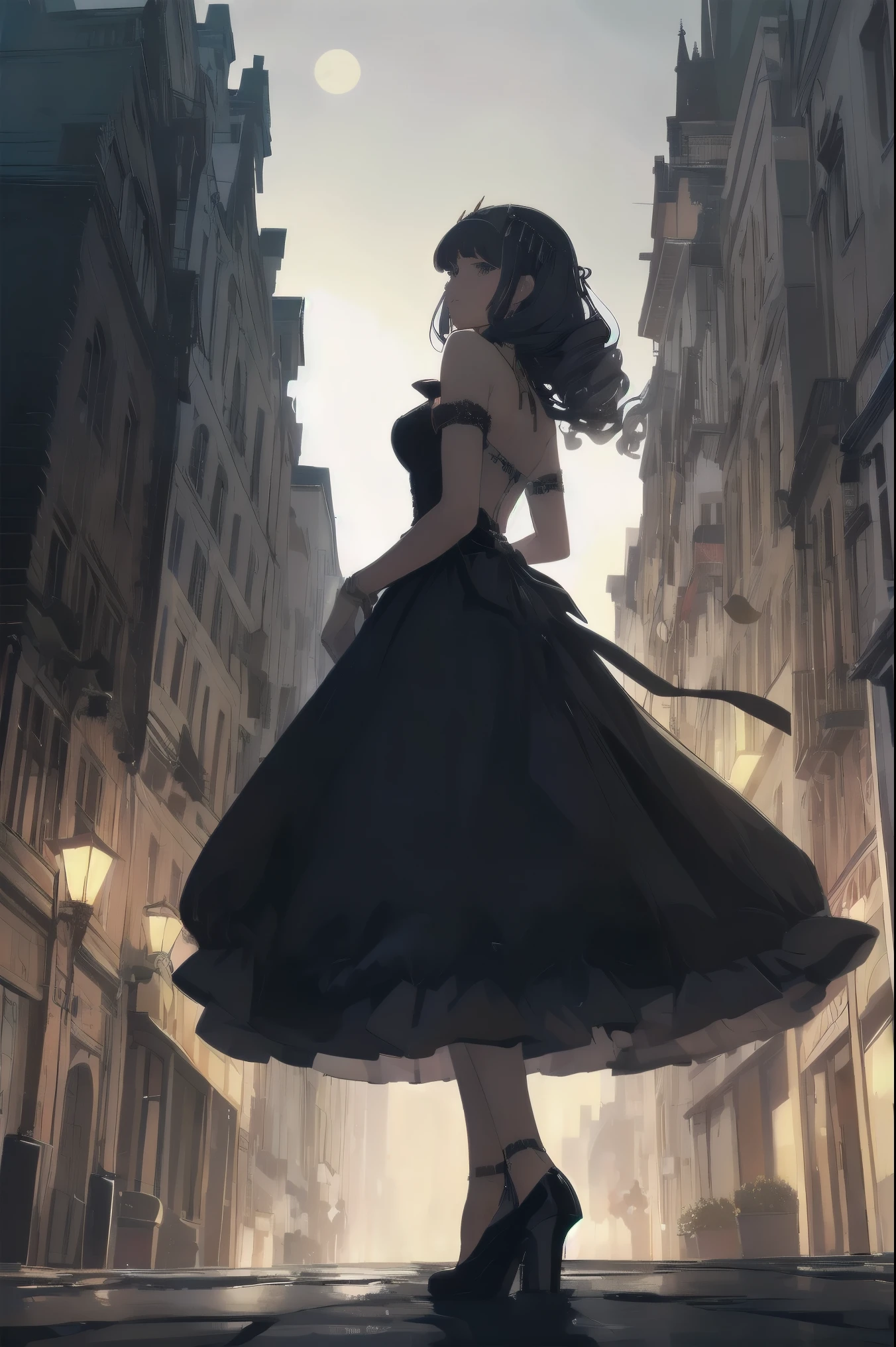 The fantastic and artistic illustration depicts Cleopatra standing on a moonlit rooftop in 1920s Vienna. She is dressed in a sumptuous Lolita-style dress, her chestnut curls flowing down her back. Below, the cobblestone street is bathed in soft light, and the silhouette of Stephans Cathedral looms in the distance. Bold posing with a cinematic effect and the cuteness of the character at the forefront.