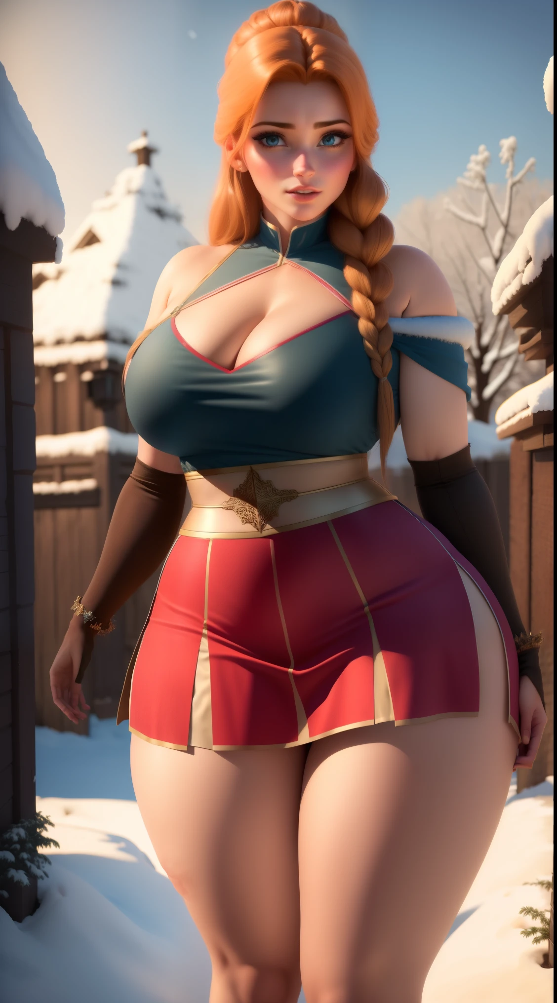 woman, ((Masterpiece, best quality)), full body view, sexy, bursting huge breasts, detailed skin, Anna from Frozen clothes, highly detailed, cinematic lighting, ultra realistic, blush, looking at viewer,  anna, anna from frozen, princess, disney, brown hair, long hair, portrait, outdoor, snow,  cleavage,  large breasts,  wide hips, full body view, tall, 
skirt, miniskirt, microskirt, pleated skirt, thighs,