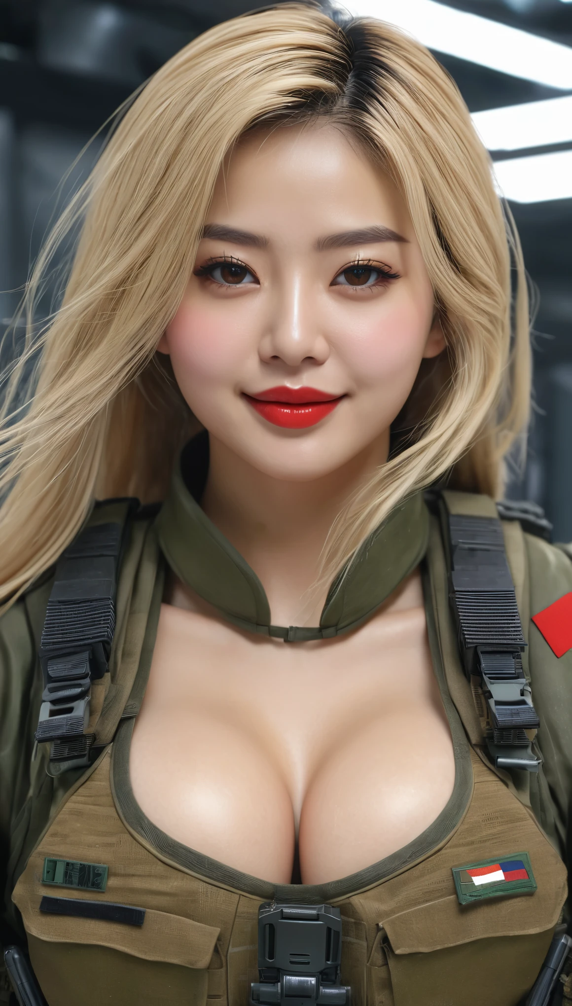 (((hyper real)))、超未来的なfemale soldier、陸軍female soldier、Beautiful woman High level image quality High resolution realistic blonde woman、mature woman、((big big tits))、Fine skin texture、超High resolution、realistic、plump body shape、smile、中年Beautiful woman、beautiful expression 、fine brown eyes、fluffy long hair、非常に繊細でFine skin texture、35army soldier woman、(Very futuristic huge computer room)、female soldier、big cleavage、bright red lips、(Wearing a combat suit)、