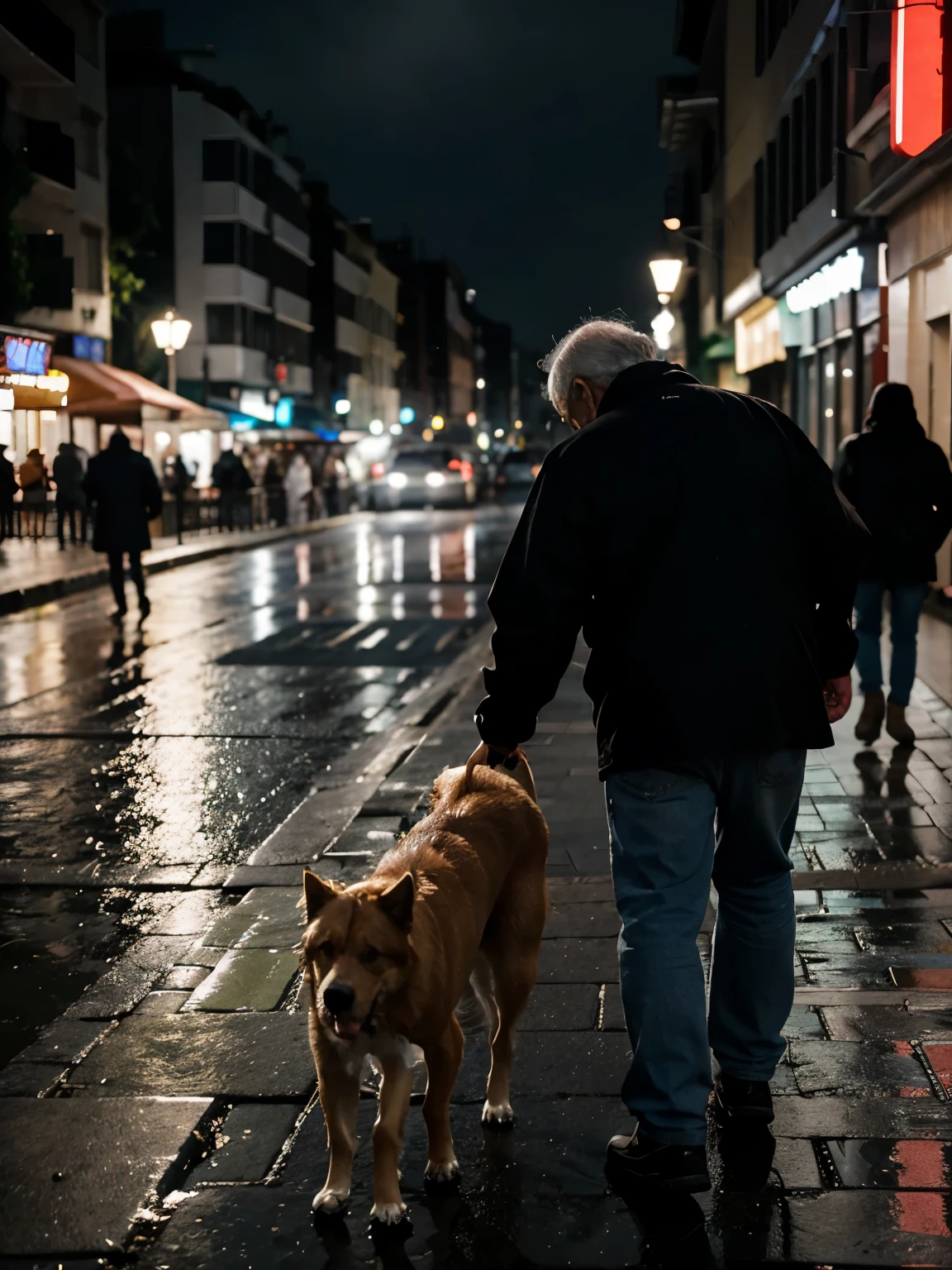 Night photography of a rainy city center, where you can see in close-up a small stray dog in the middle of the sidewalk being rescued by an old man, de fondo se ven las sombras de decenas de personas corriendo por las calles ignorandolos a ambos.
The dog and the old man are in focus and have more lighting than the rest of the photograph.