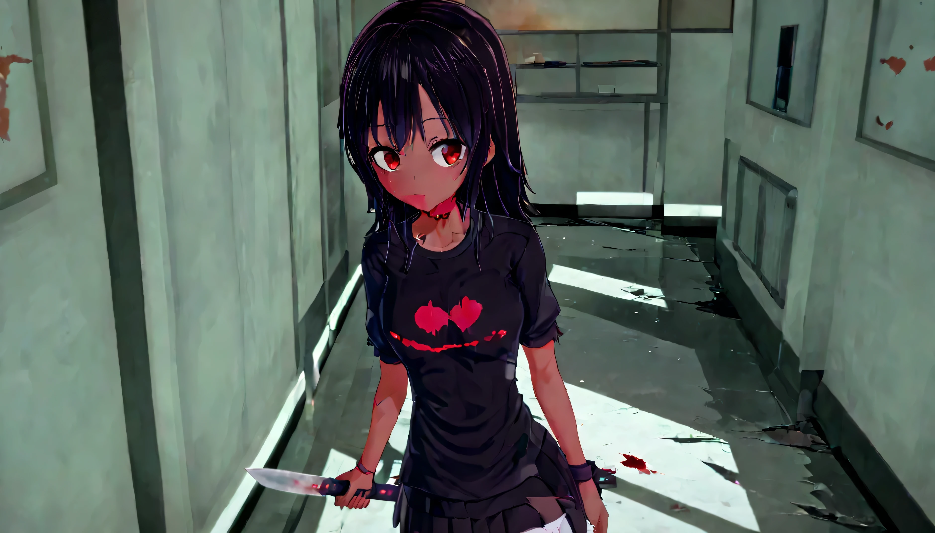 1 garota.pele escura, segurando uma faca, Yandere look, hearts in eyes, Yandere, olhar psicopata, ambiente escuro, escola, corredor, dark corredor. corredor with closets, blood in the corredor, janelas quebradas, ambiente antigo.
