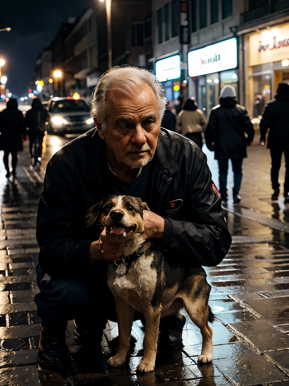 Night photography of a rainy city center, where you can see in close-up a small stray dog in the middle of the sidewalk being rescued by an old man, de fondo se ven las sombras de decenas de personas corriendo por las calles ignorandolos a ambos.
The dog and the old man are in focus and have more lighting than the rest of the photograph.